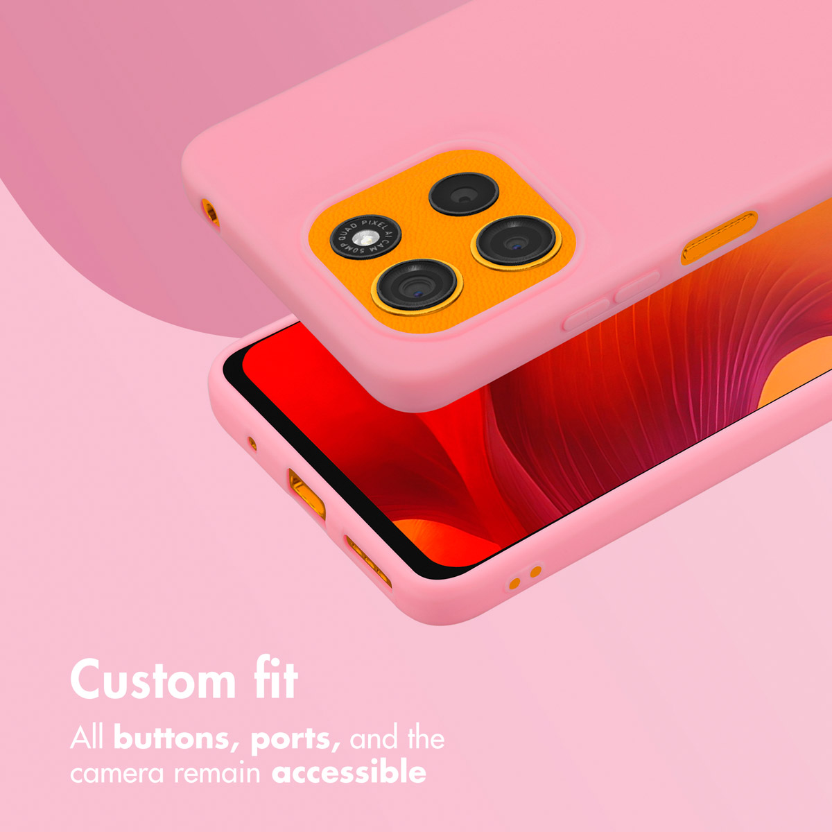 Smartphone rosa con isla de cámara naranja y pantalla vibrante sobre fondo rosa.