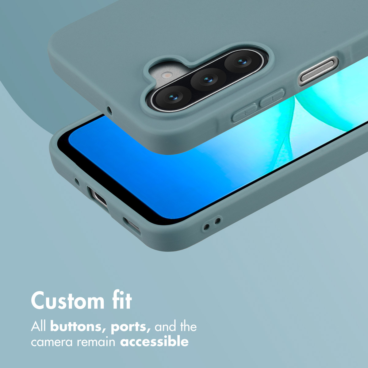 Blue smartphone case showing camera and ports with text.