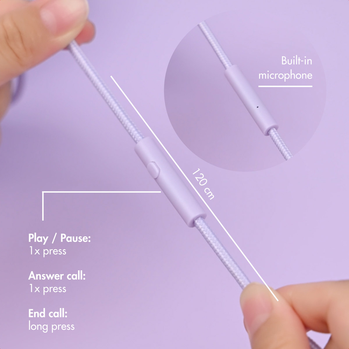 Cable de auriculares morado con micrófono integrado, control remoto y guía.