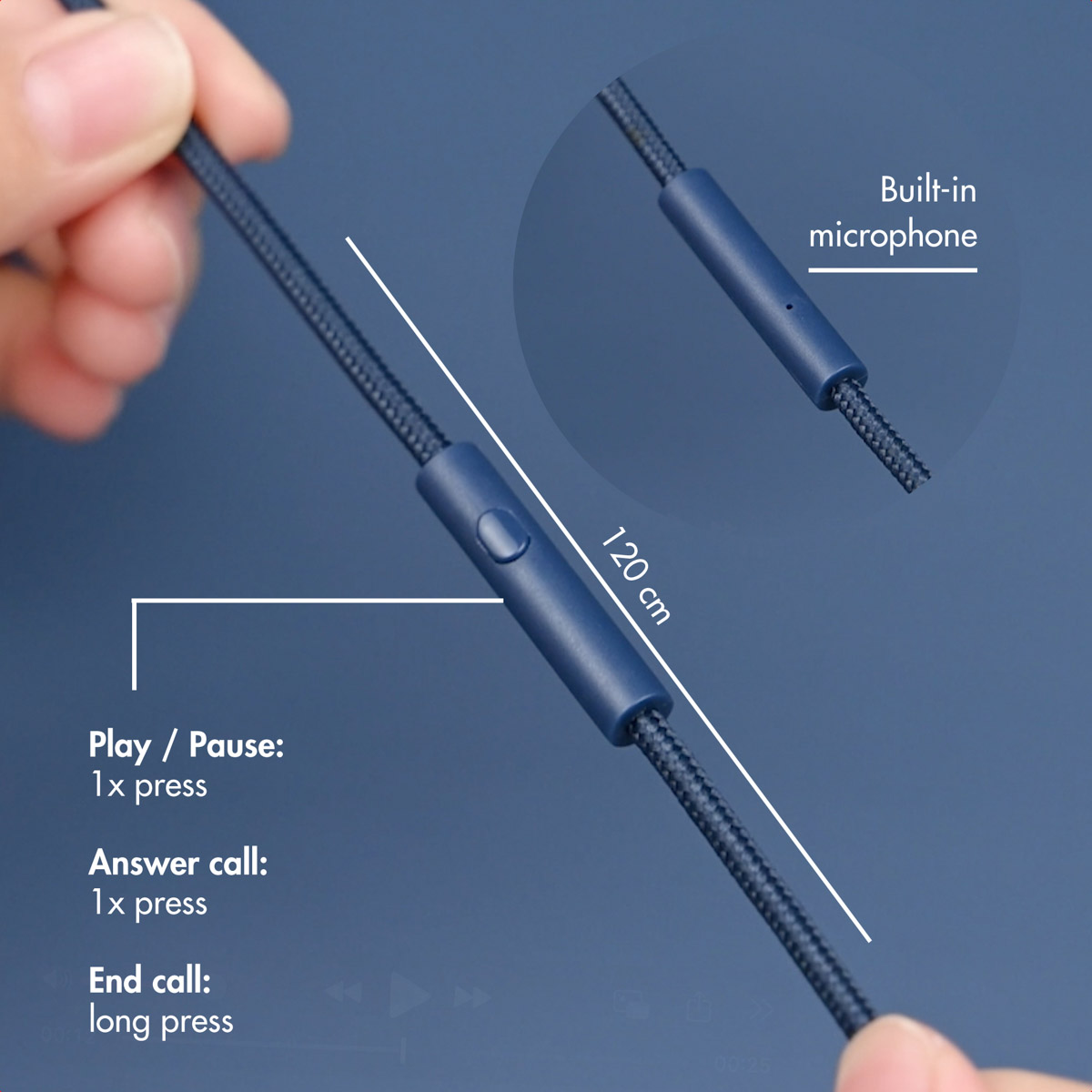 Cable de auriculares trenzado azul con control remoto, micrófono e instrucciones sobre fondo azul.