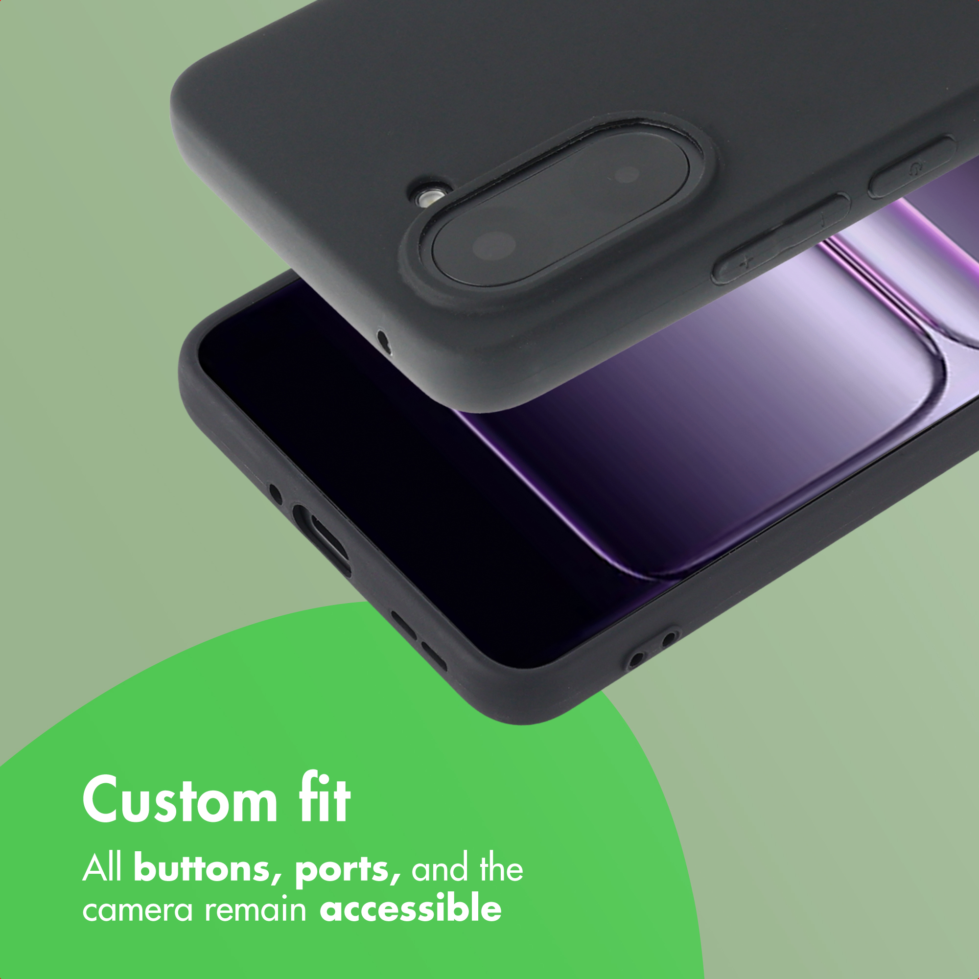 Una cover nera per smartphone mostra porte e pulsanti accessibili su sfondo verde con testo.