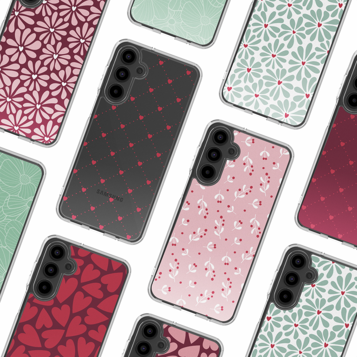 Diverse custodie per smartphone con vari motivi come fiori, cuori e piante su sfondo bianco.