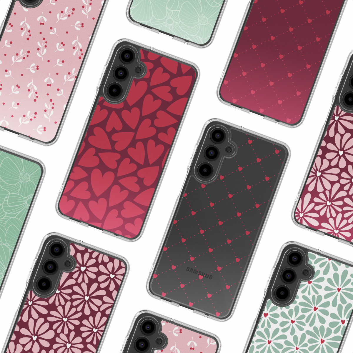 Diverse cover per smartphone con vari motivi colorati come cuori, fiori e bacche su sfondo bianco.