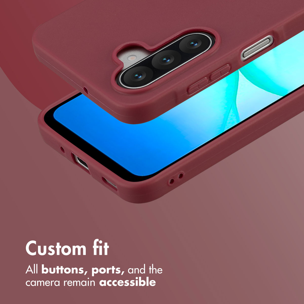 Red phone case on a phone with a blue screen; buttons and ports remain accessible.