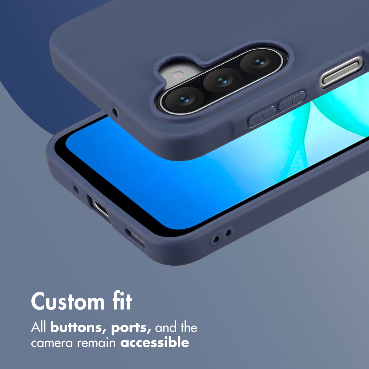 Blue smartphone case shows camera, buttons, and ports.