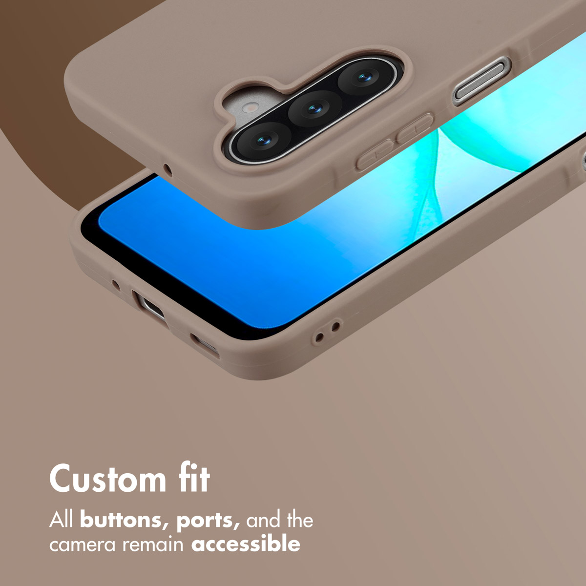 A beige smartphone case showing buttons, ports, and camera cutouts with a phone inside against a beige background.