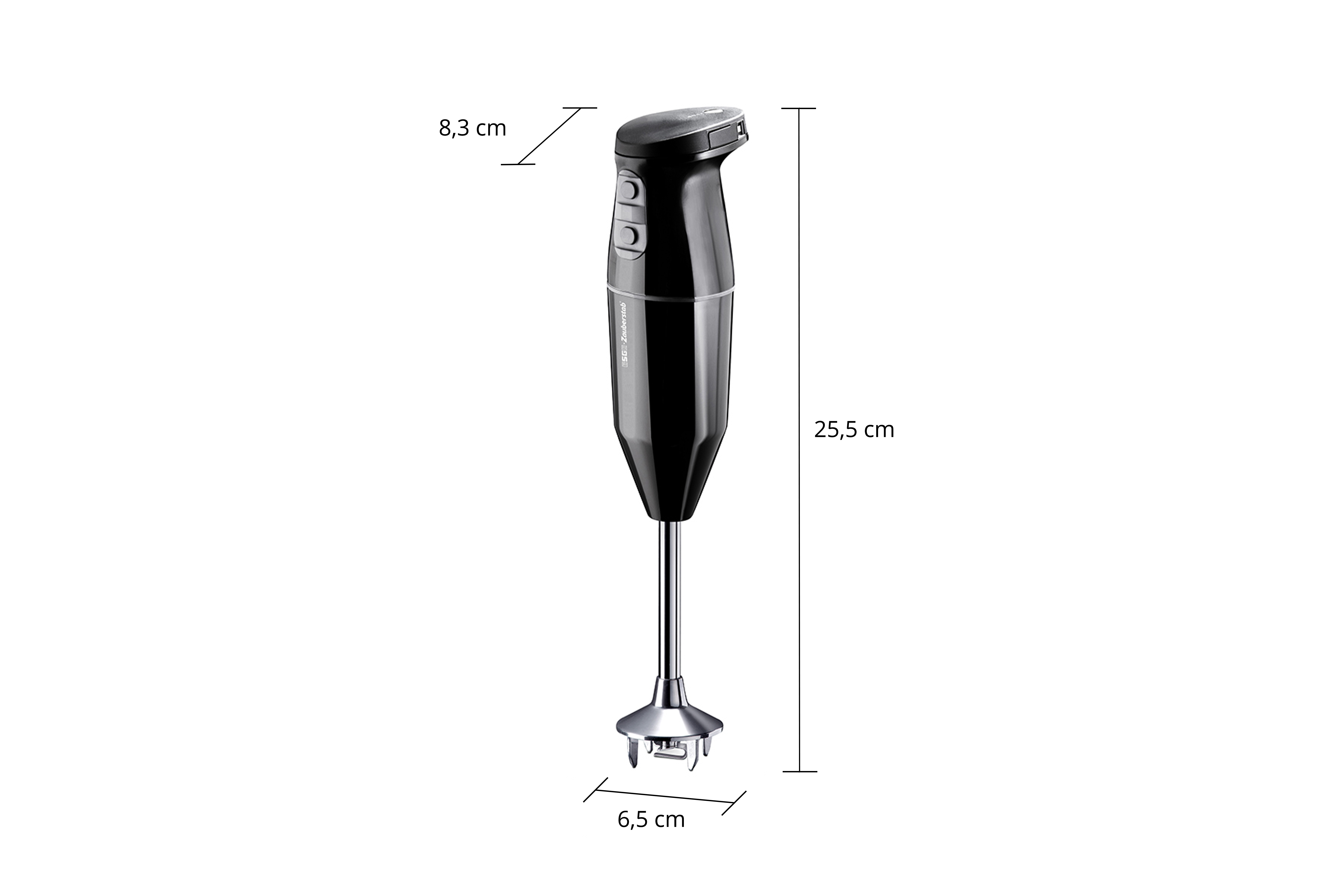 Schwarzer Stabmixer mit Maßangaben von 25,5 cm Höhe, 8,3 cm Breite und 6,5 cm Tiefe auf weißem Hintergrund.