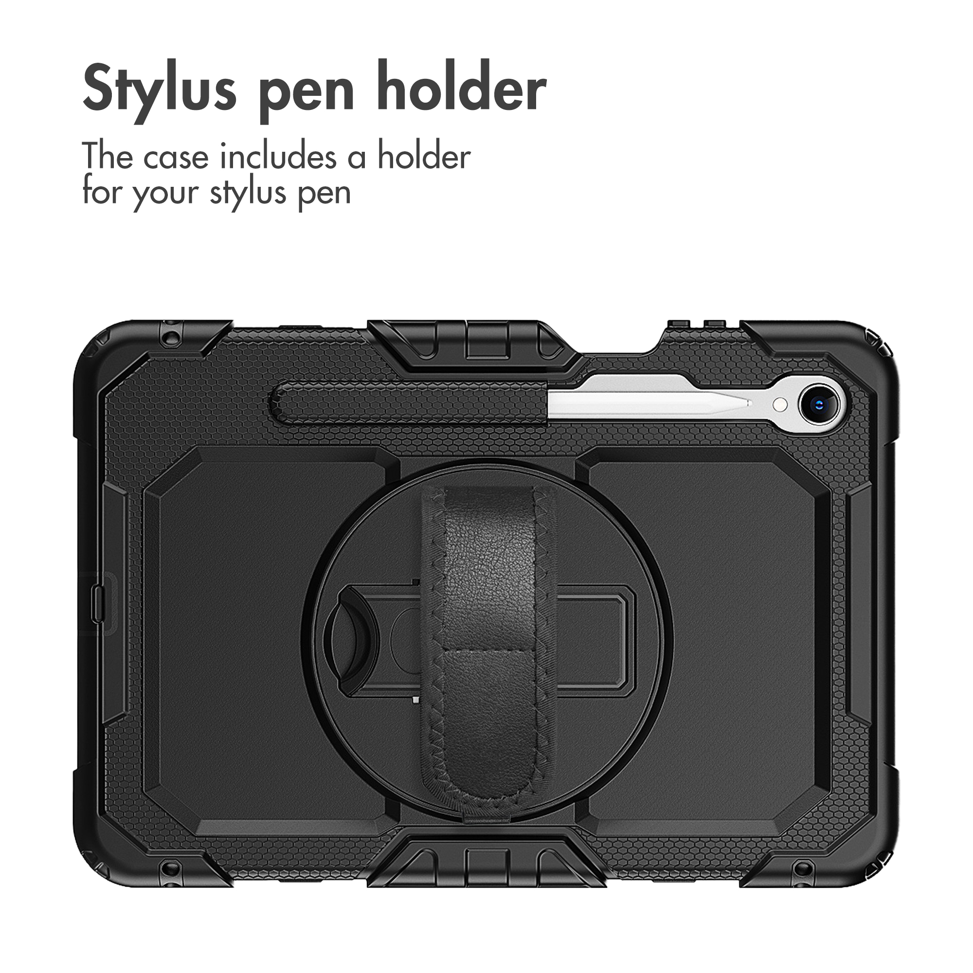 Une coque de tablette noire robuste avec porte-stylet intégré et dragonne rotative à l'arrière.