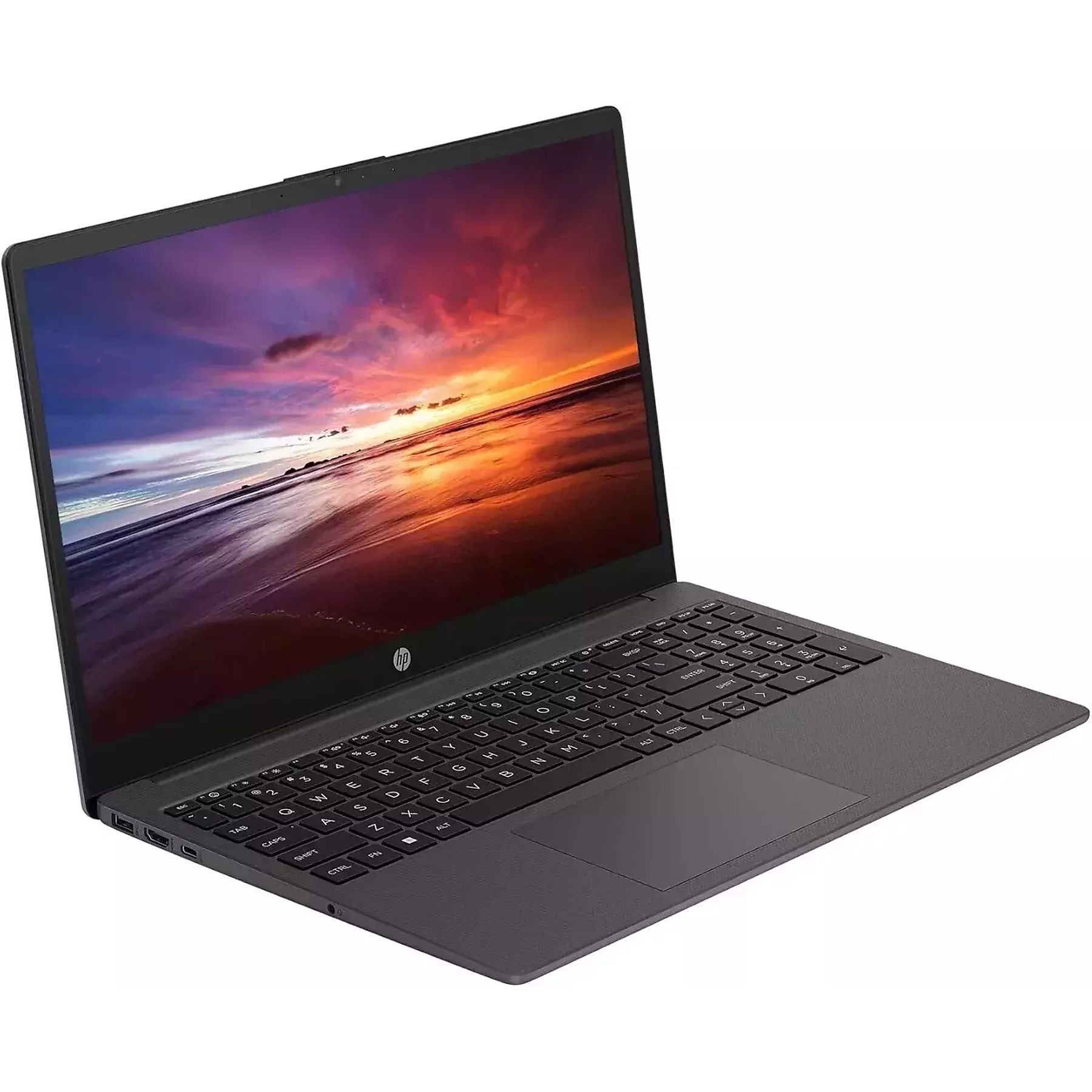 Ein grauer HP-Laptop mit offenem Bildschirm zeigt einen farbenfrohen Sonnenuntergang am Strand.