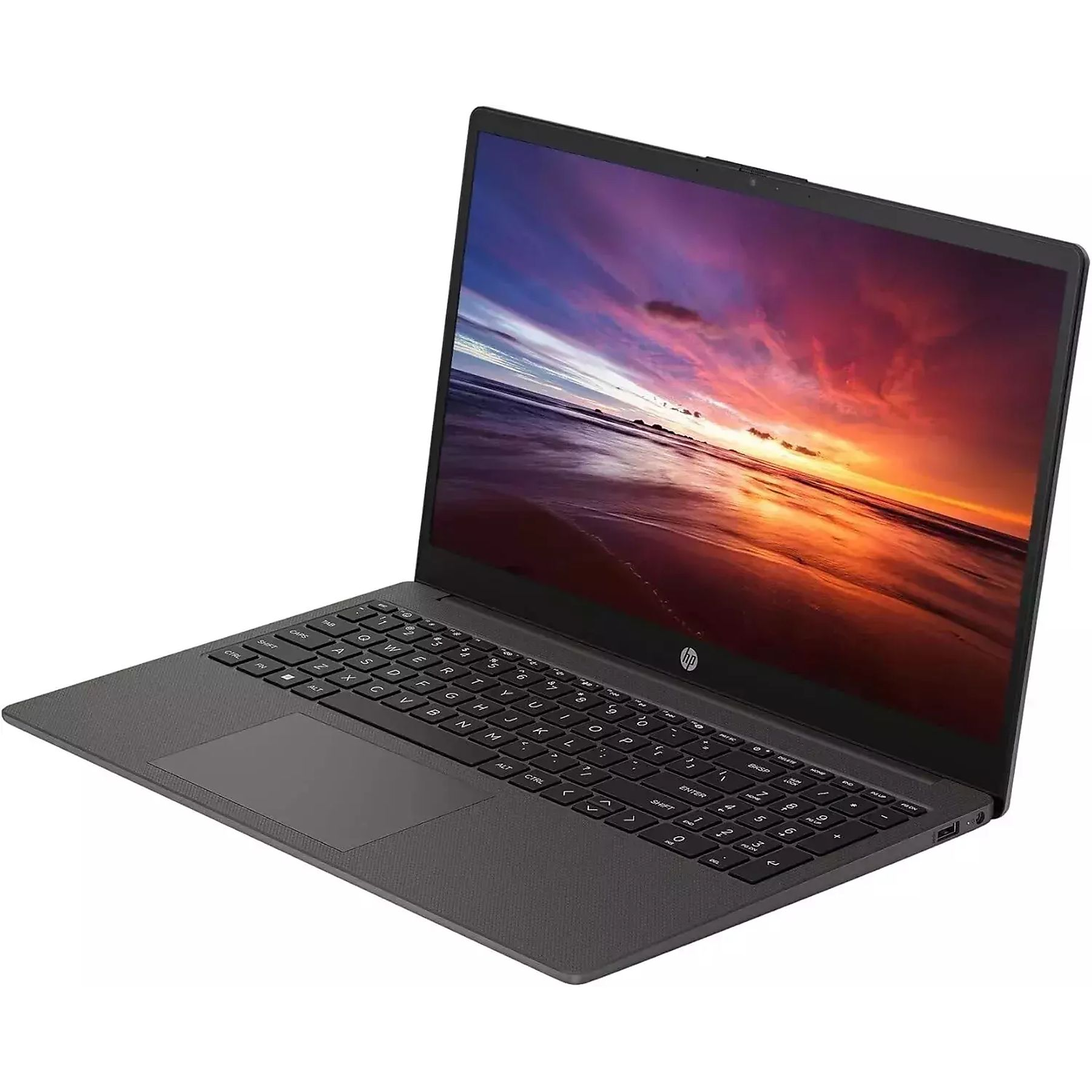Ein grauer HP-Laptop steht auf einer weißen Oberfläche und zeigt ein farbenfrohes Strand-Hintergrundbild.