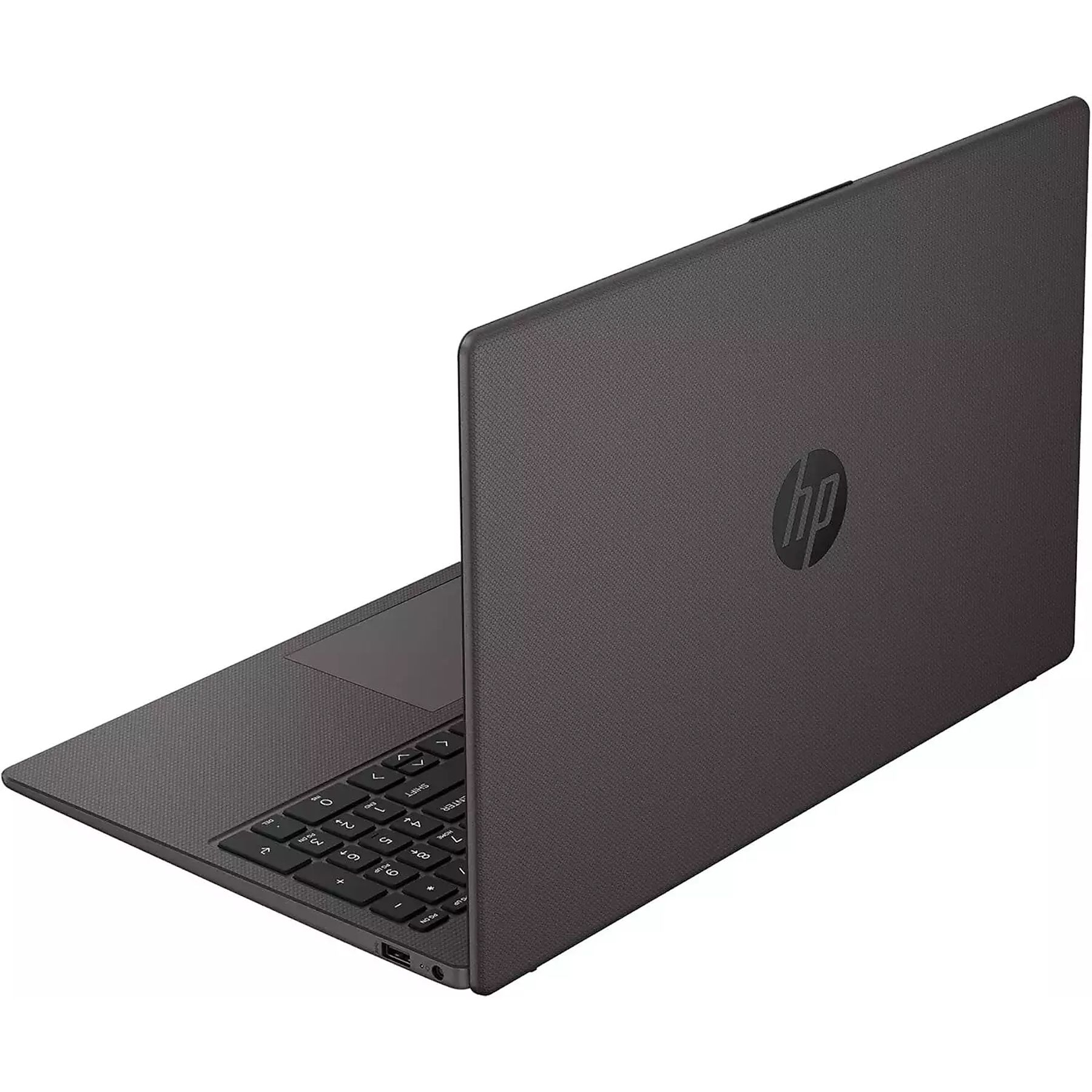 Ein dunkelgrauer HP Laptop von hinten rechts gesehen, mit strukturierter Abdeckung, Tastatur und Anschlüssen.