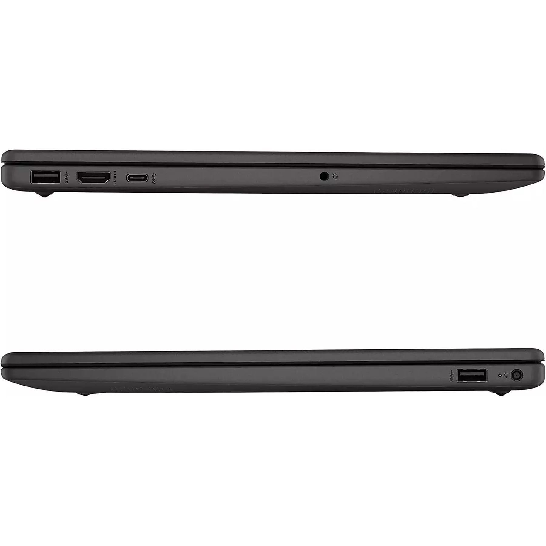 Seitenansichten eines dunklen Laptops zeigen verschiedene Anschlüsse wie USB, HDMI und Kopfhörerbuchse.