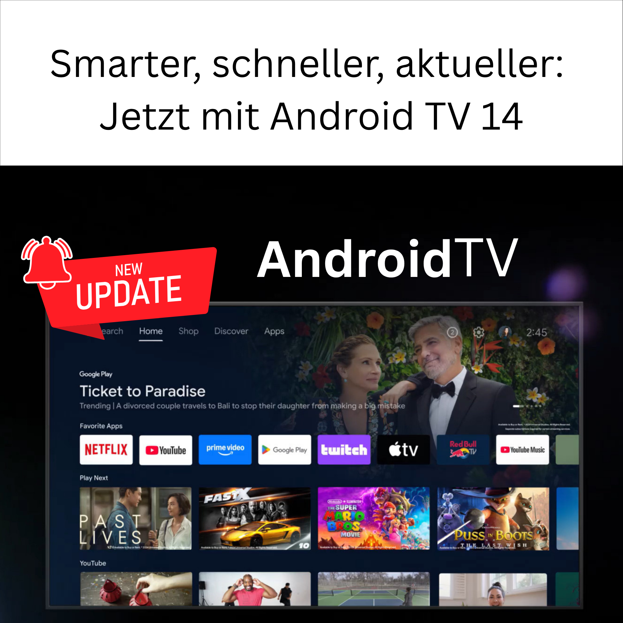 Eine Werbung für Android TV 14 mit einem neuen Update-Banner und der angezeigten Startbildschirm-Oberfläche.