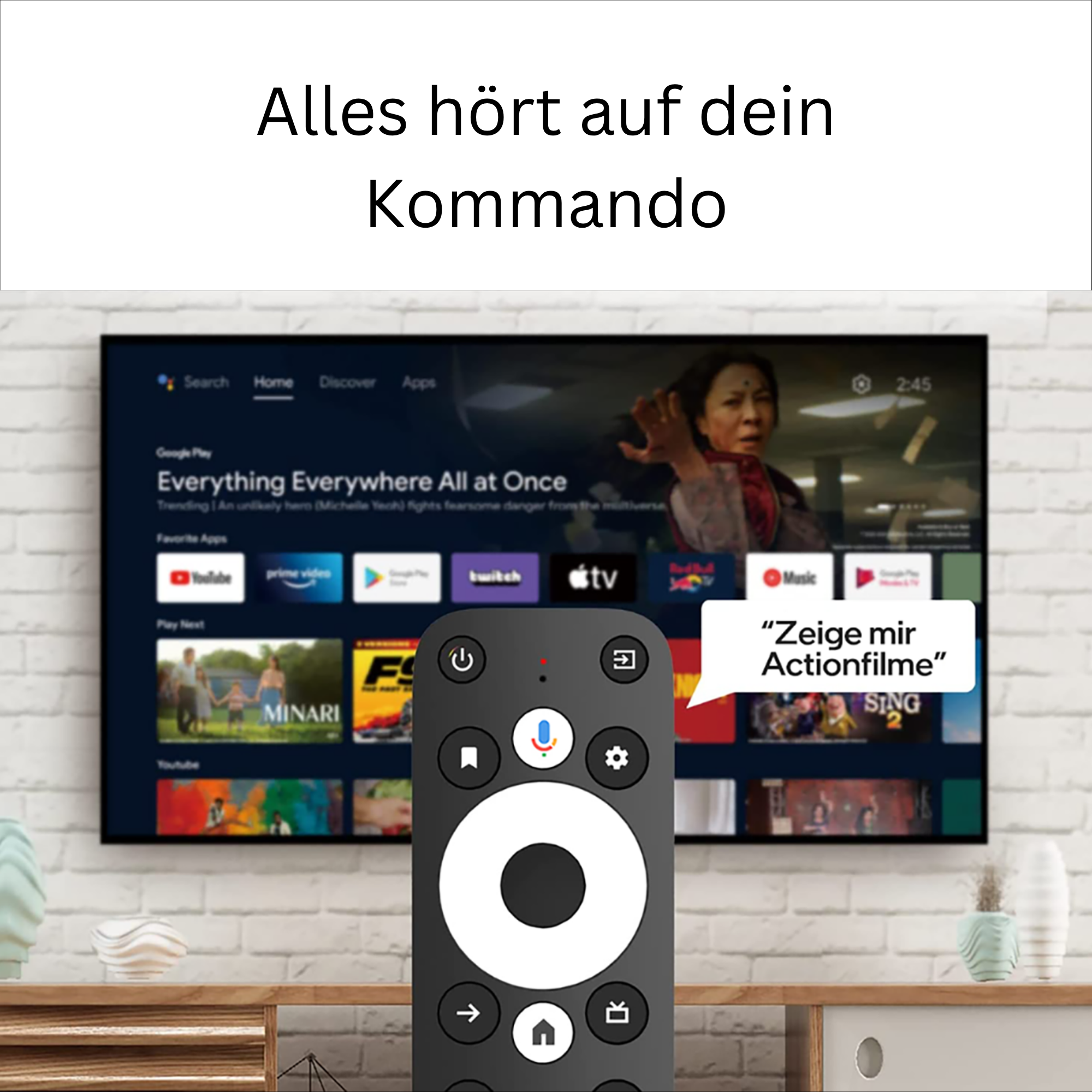 Fernbedienung vor einem Fernseher mit Smart-TV-Oberfläche und Text Alles hört auf dein Kommando.