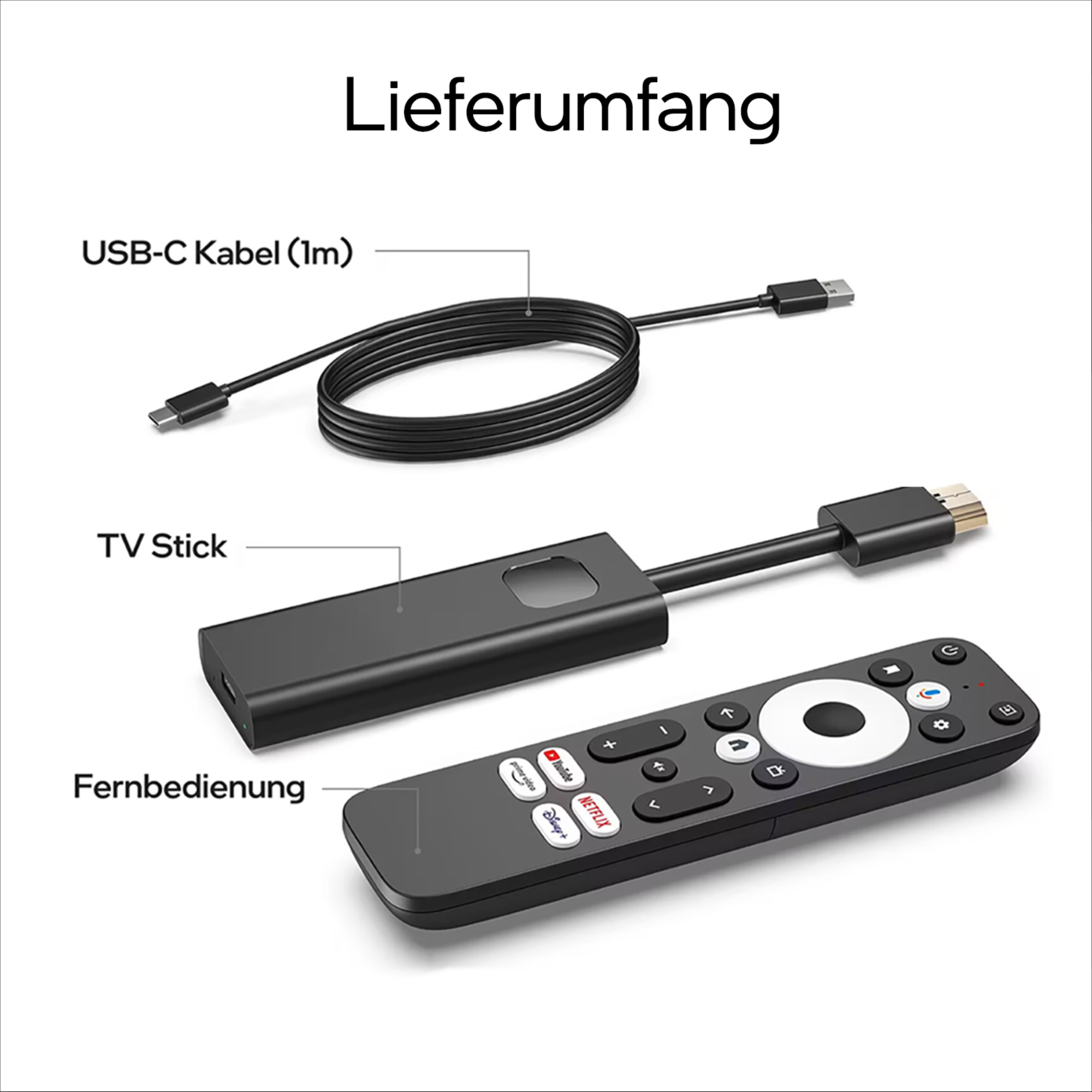 Lieferumfang: Ein USB-C-Kabel (1m), ein TV-Stick und eine Fernbedienung auf weißem Hintergrund.