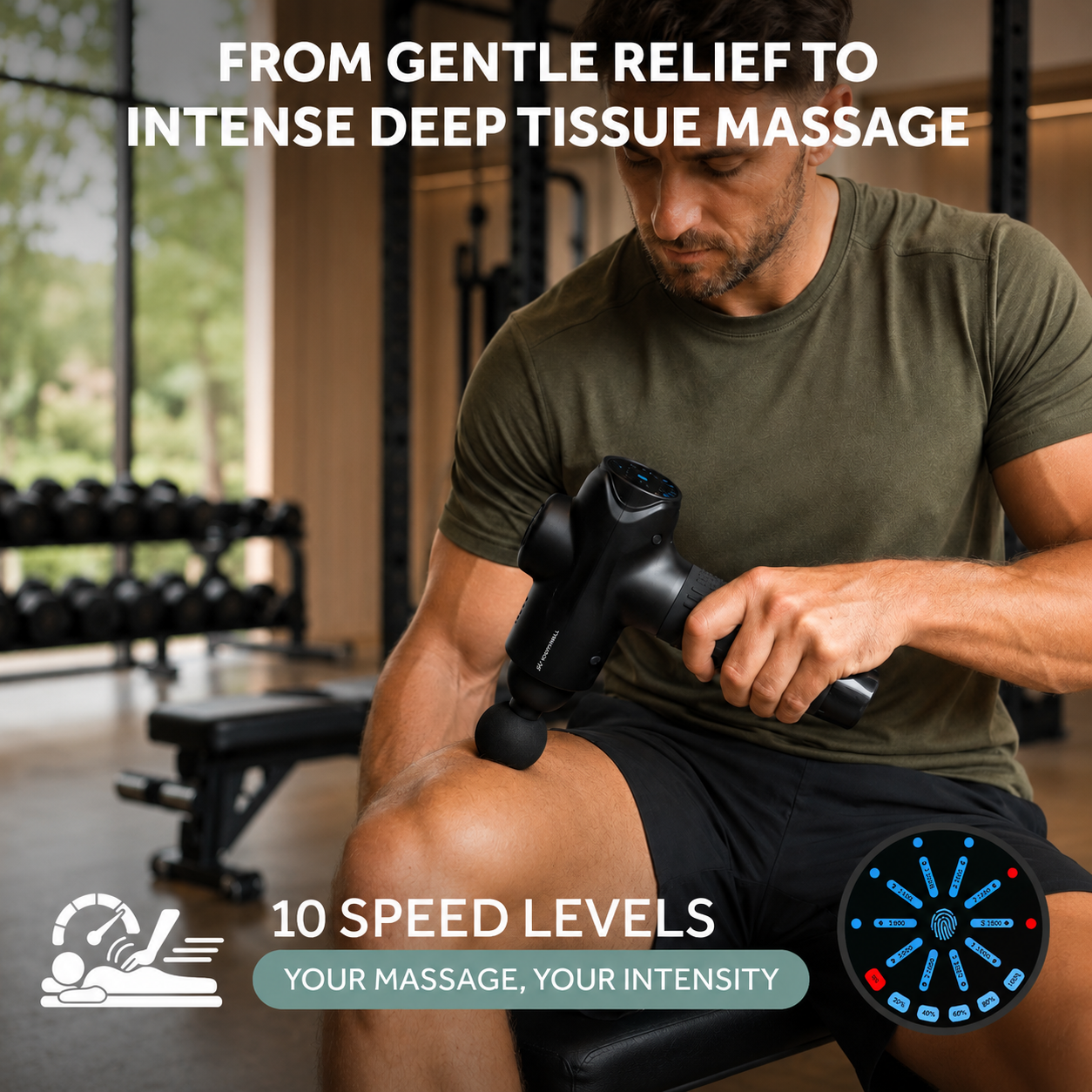 Ein Mann nutzt ein Massagegerät an seinem Knie in einem Fitnessstudio.
