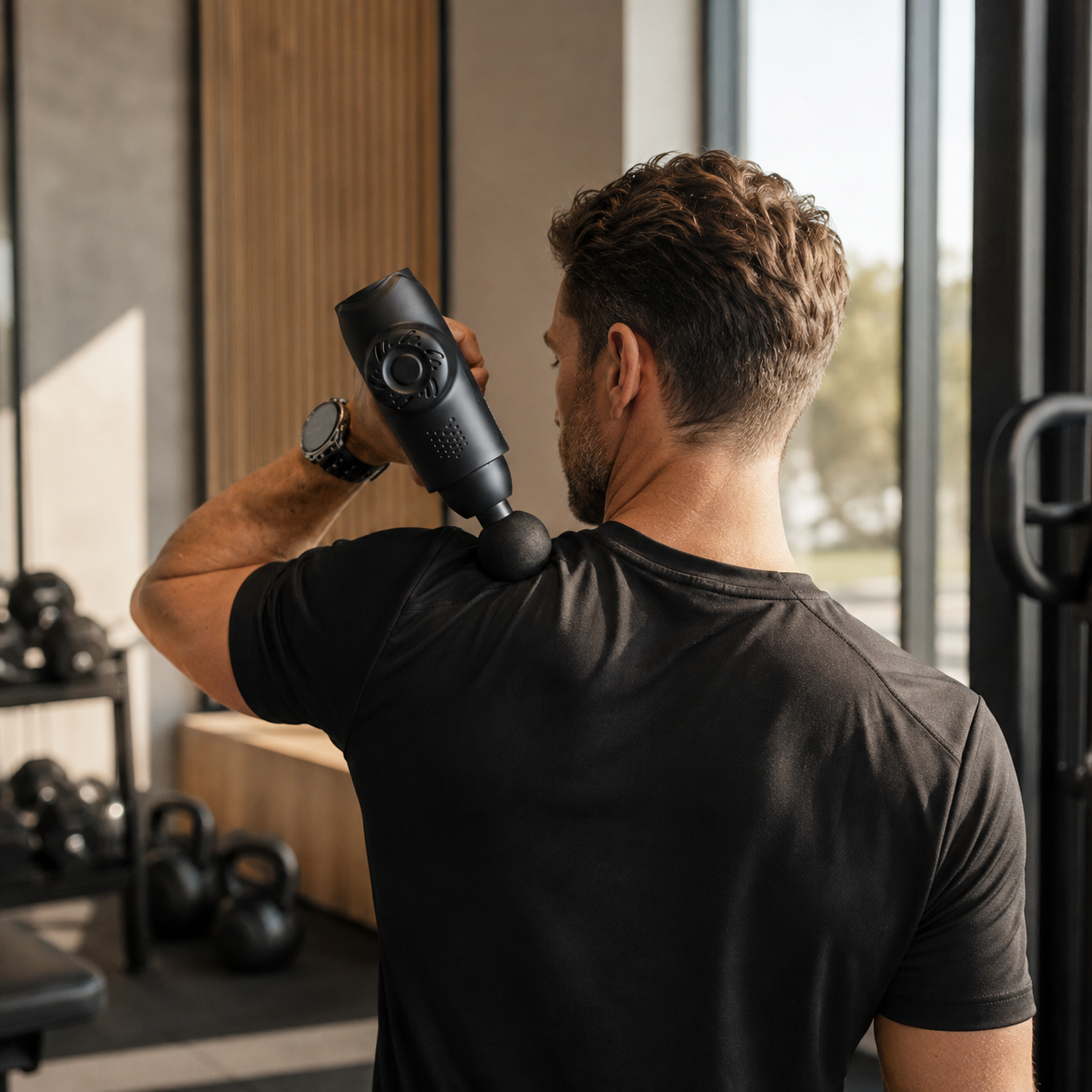 Ein Mann im Fitnessstudio benutzt eine schwarze Massagepistole an seiner Schulter.