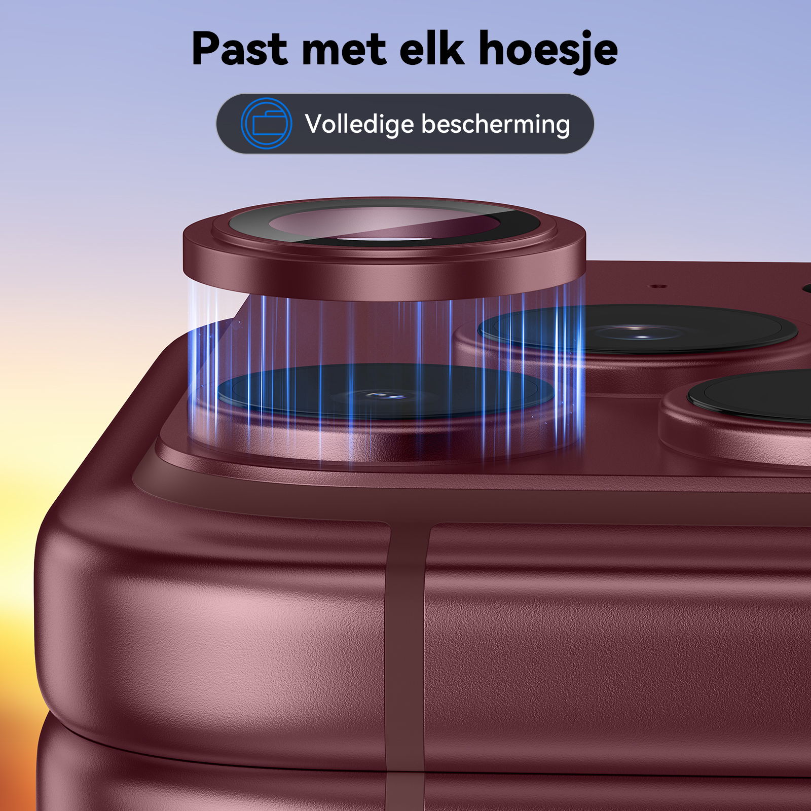 Nahaufnahme einer dunkelroten Smartphone-Kamera mit Schutzlinse und blauen Laserlinien.