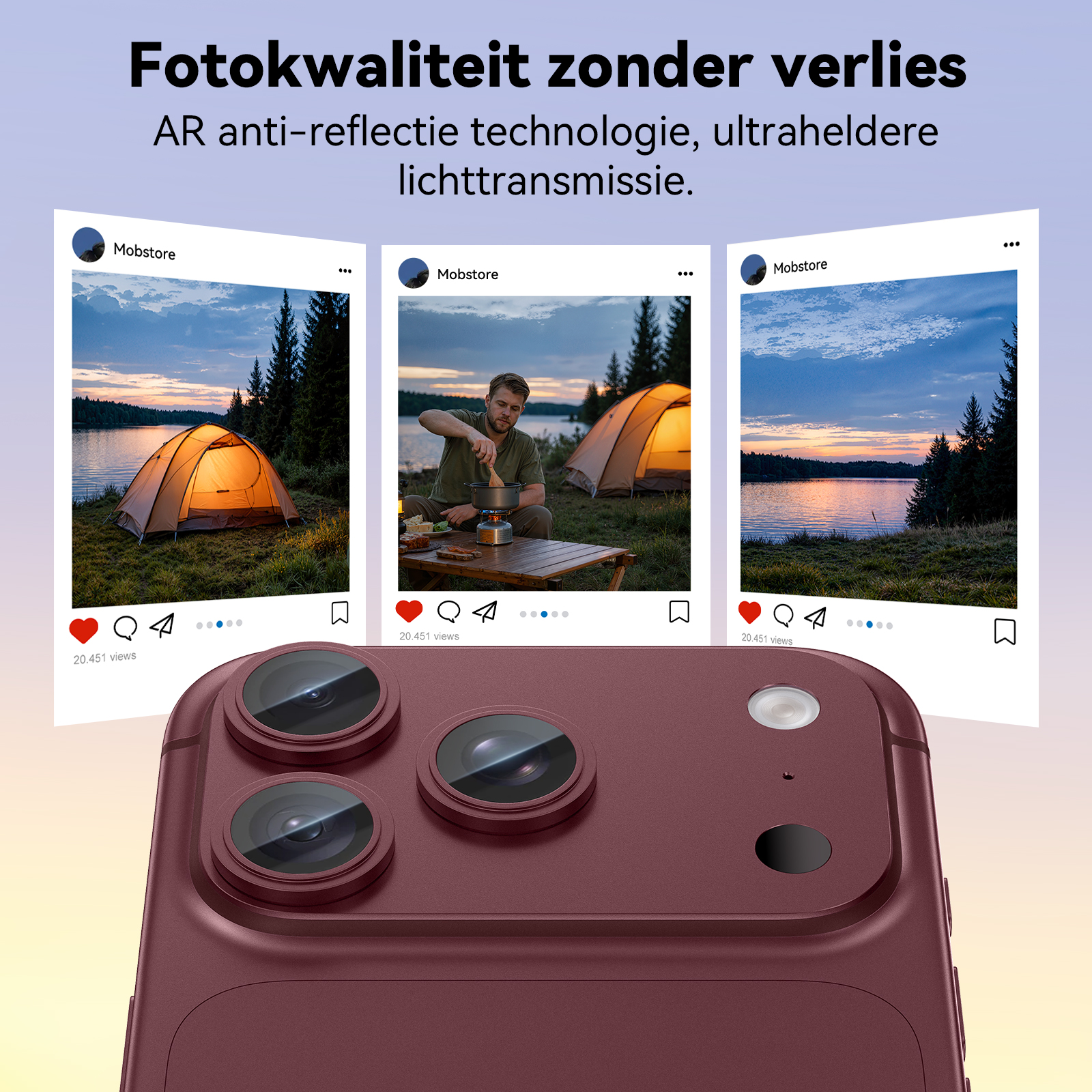 Rotes Smartphone mit drei Kameralinsen im Vordergrund und drei Social-Media-Fotos mit Outdoor-Motiven im Hintergrund.