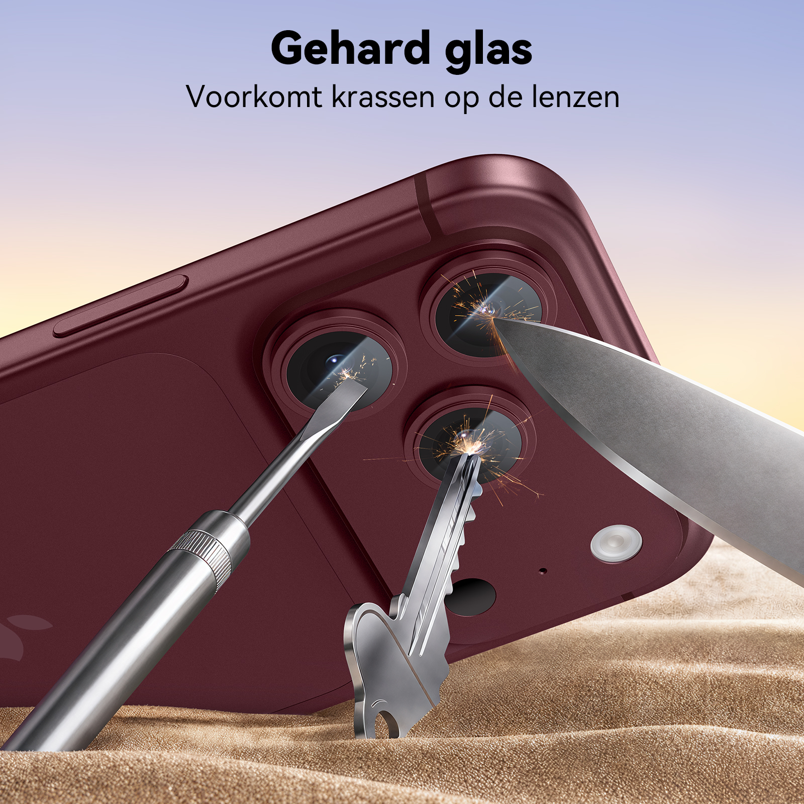 Gehärtetes Glas schützt die Telefonlinsen vor Kratzern durch Messer, Schlüssel und Werkzeuge.