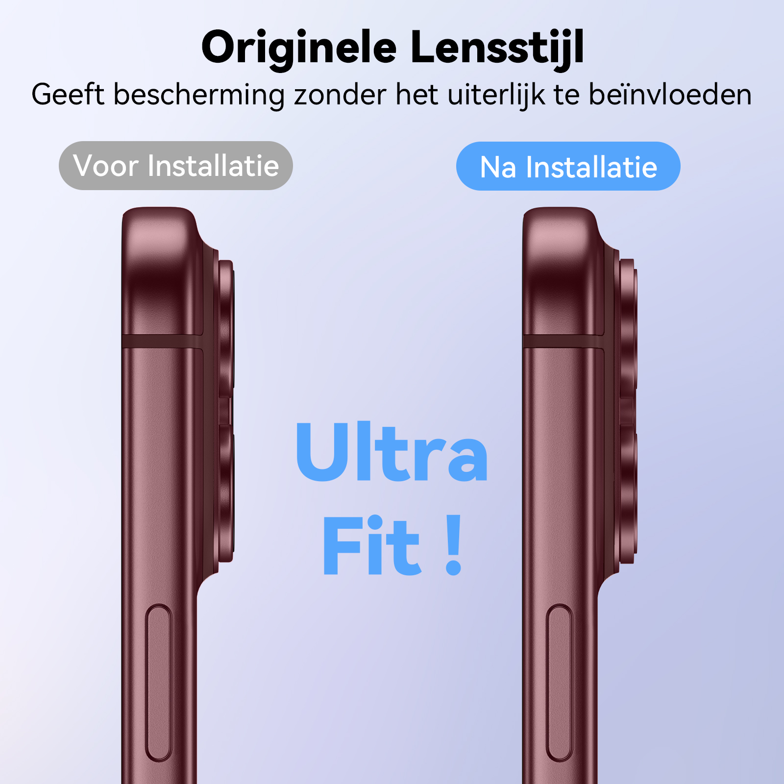 Vergleich zweier roter Smartphone-Rückseiten mit Linsenschutz, mit niederländischem Text.
