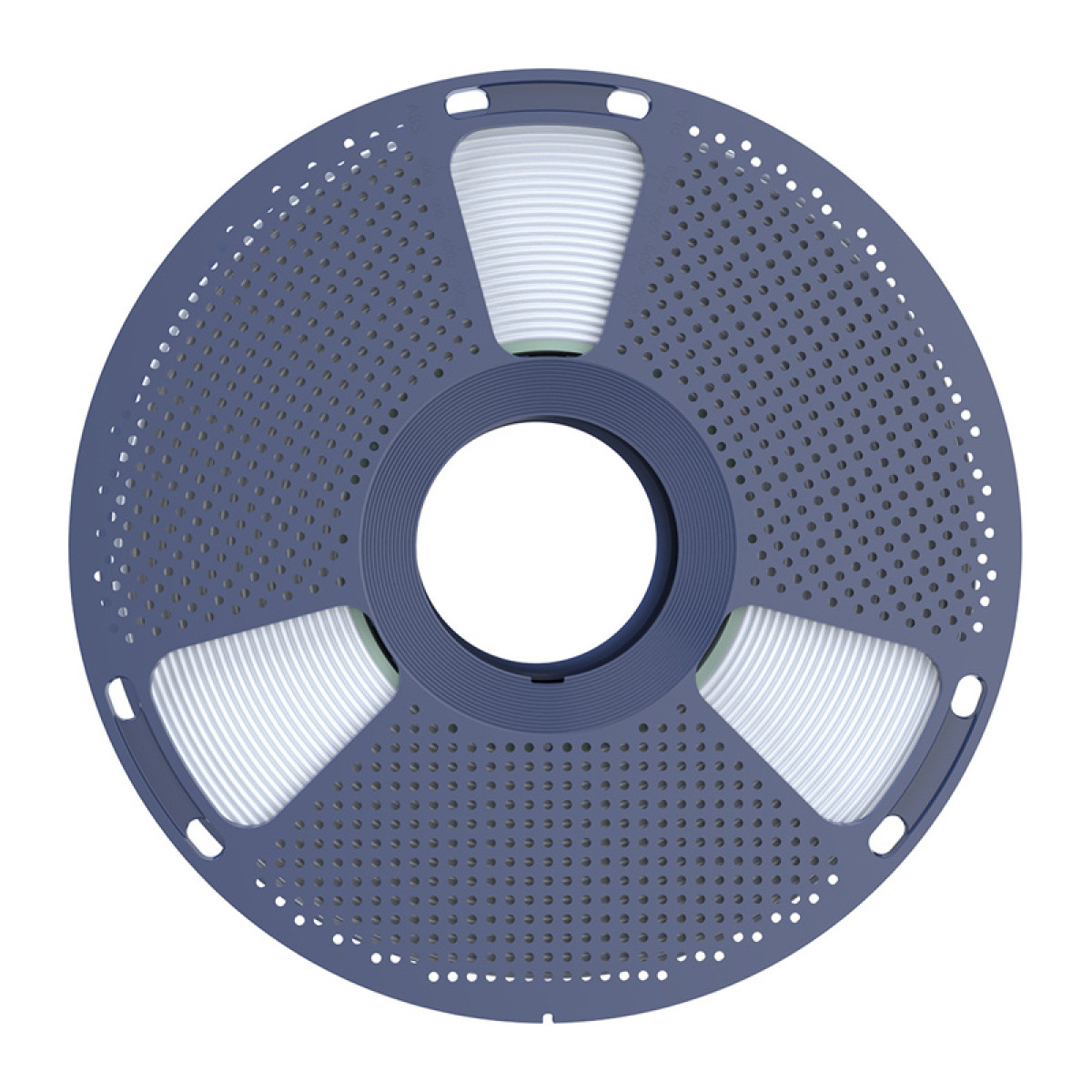 Carrete de filamento para impresora 3D azul con filamento blanco sobre fondo blanco.