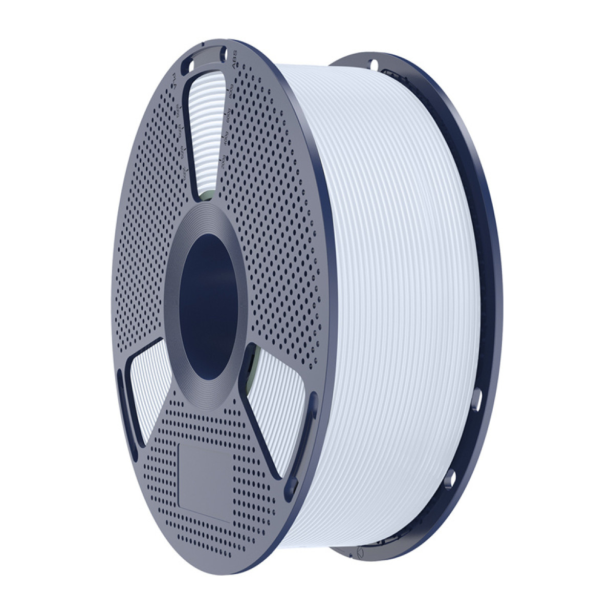 Una bobina llena de filamento blanco para impresora 3D en un carrete de plástico azul oscuro sobre fondo blanco.