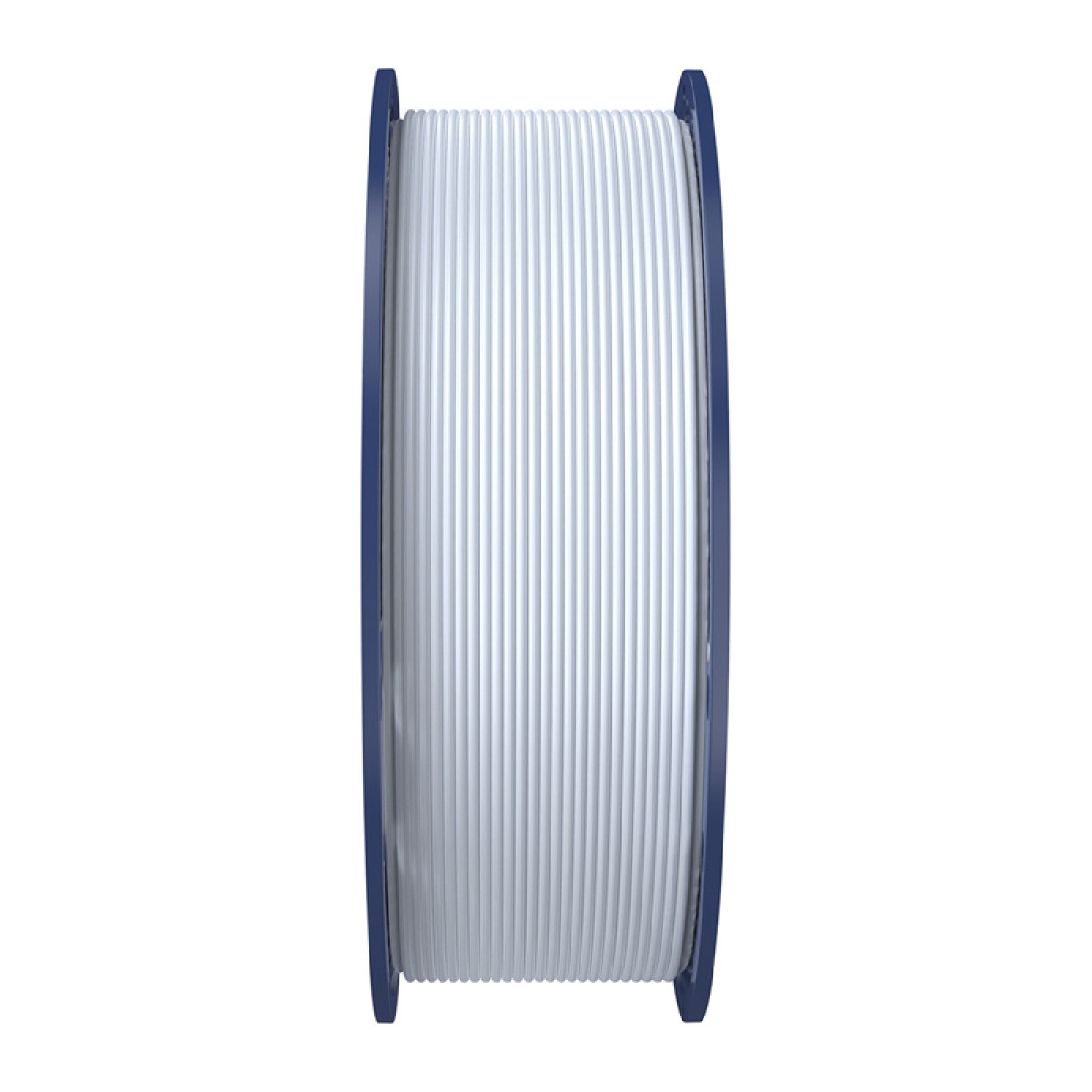 Una bobina azul con filamento blanco para impresora 3D sobre fondo blanco.