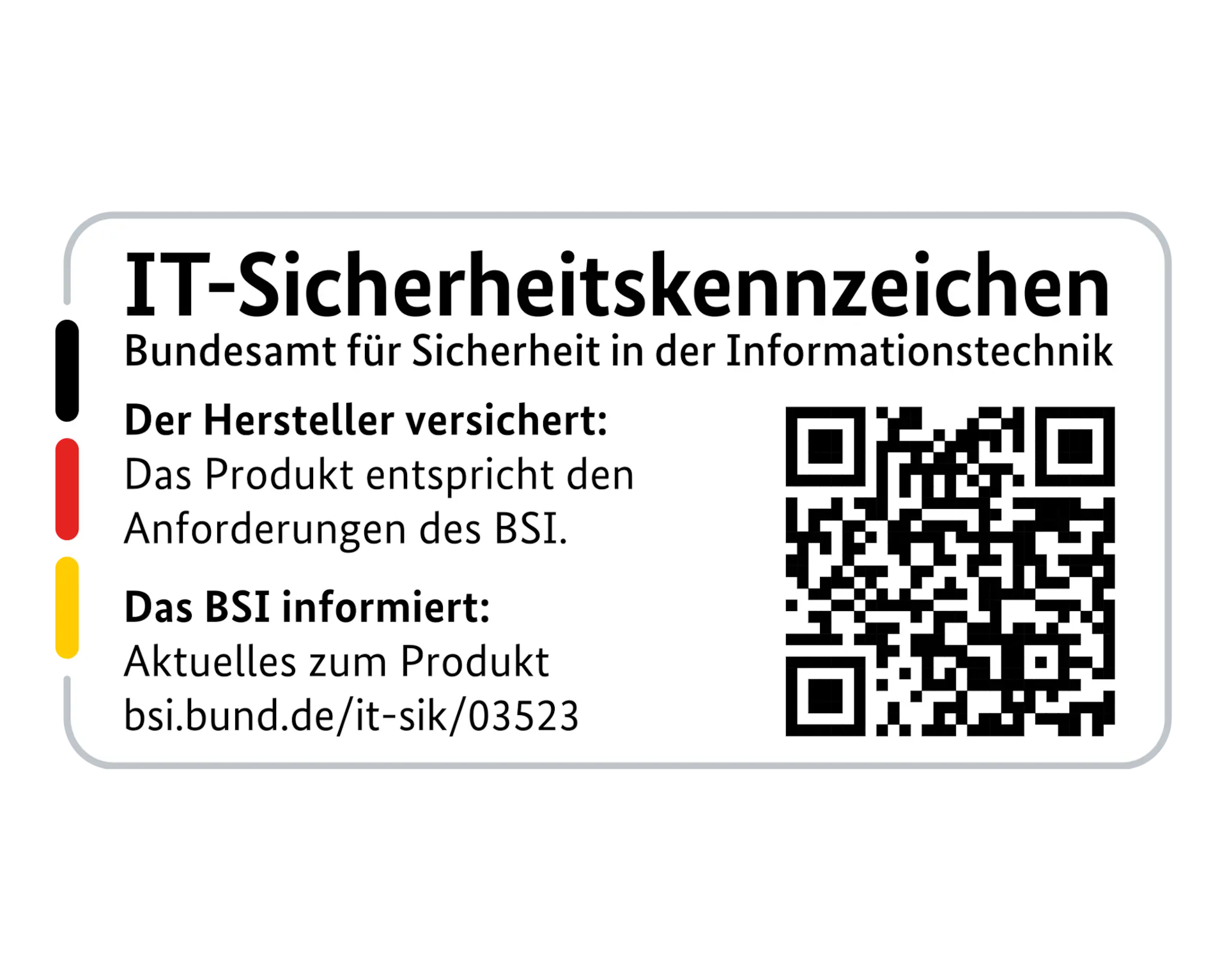 Deutsches IT-Sicherheitskennzeichen vom BSI mit Text und QR-Code.