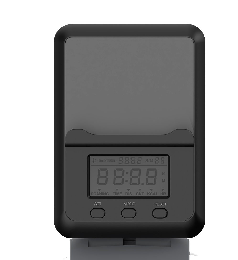 Un monitor de fitness digital negro con pantalla LCD y tres botones: SET, MODE y RESET.