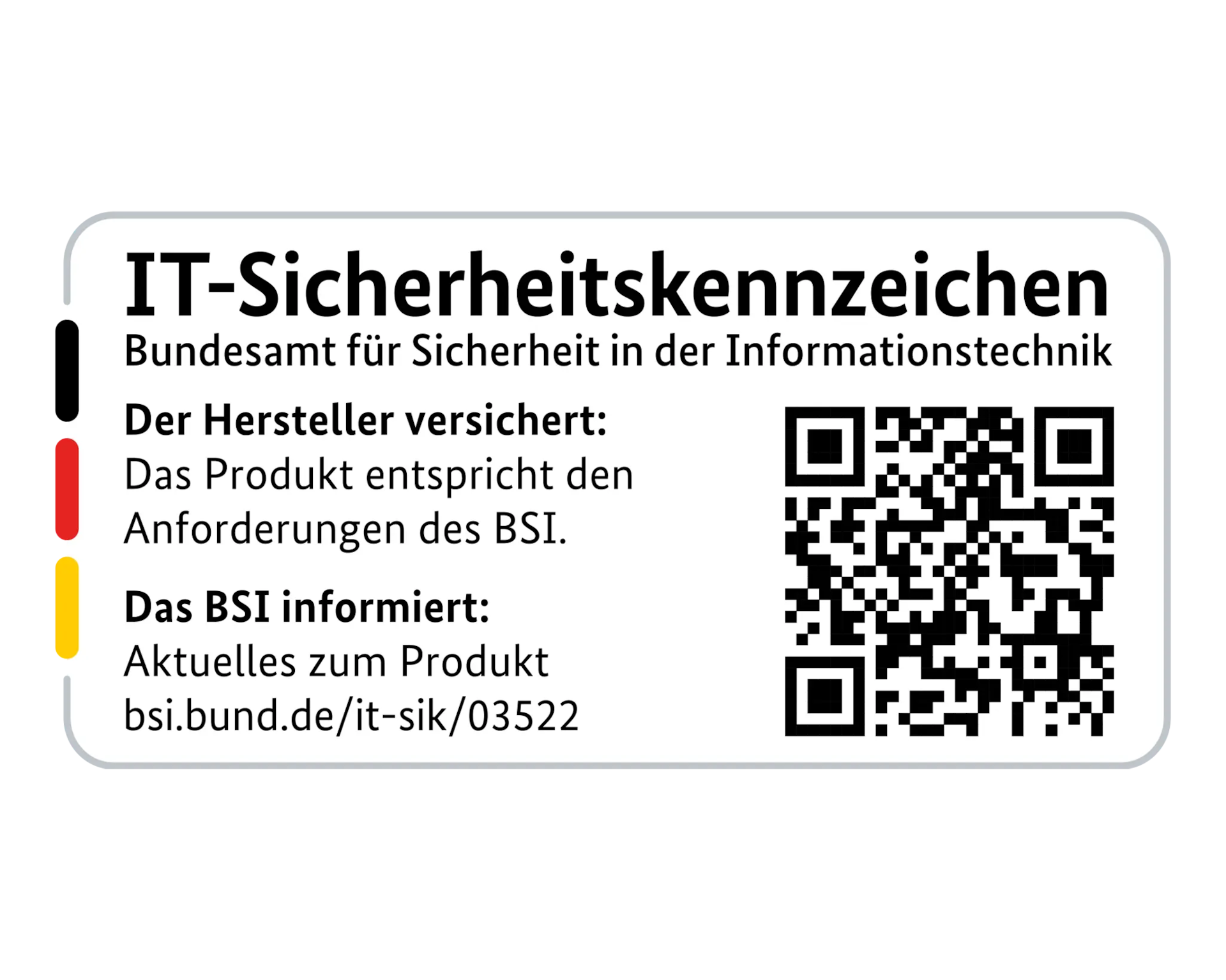 BSI IT-Sicherheitskennzeichen Etikett mit Text in Deutsch und QR-Code.