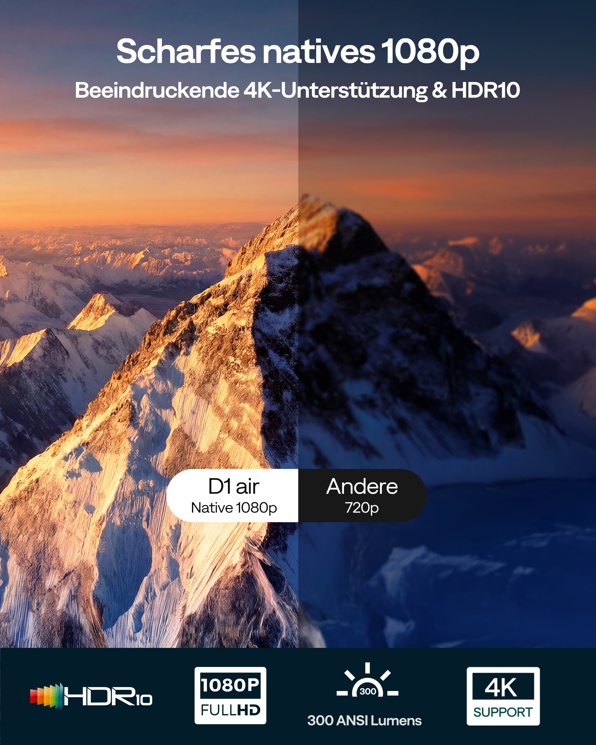 Vergleich zweier Bergbilder, links D1 air mit klarem 1080p, rechts andere mit dunklerem 720p.