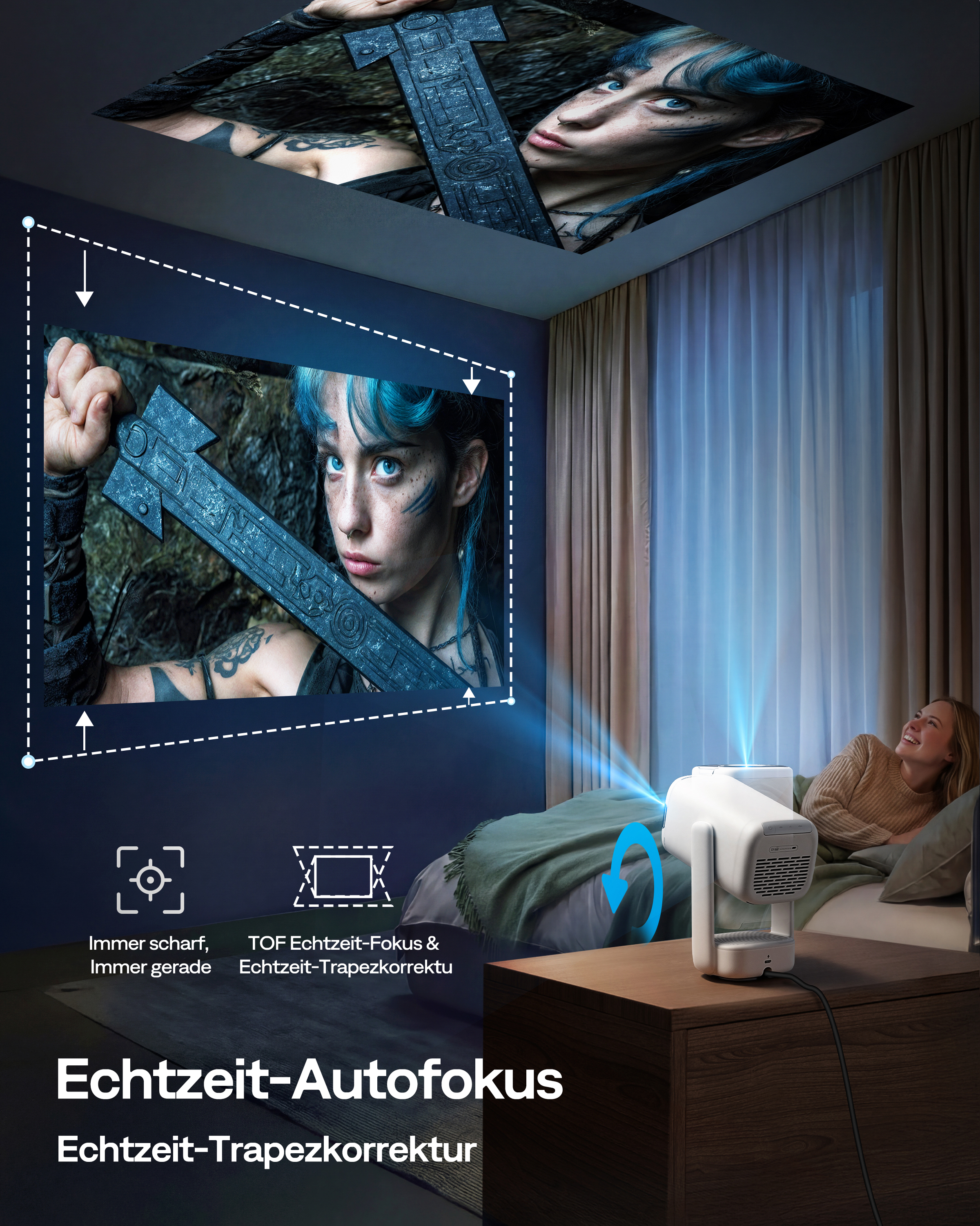 Ein weißer Beamer projiziert ein Fantasy-Bild mit einer Frau und einem Schwert an Wand und Decke in einem Schlafzimmer.