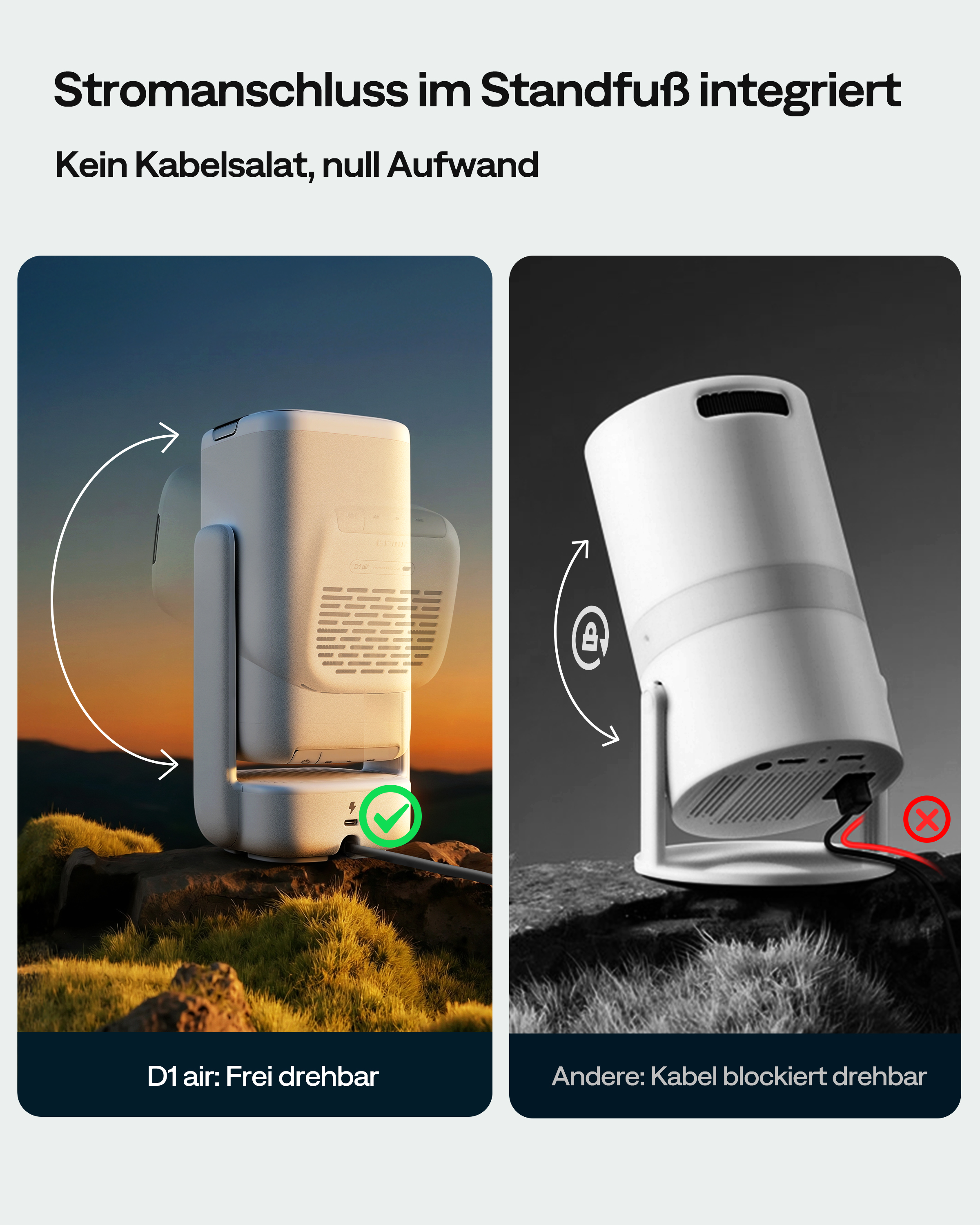 Vergleich zweier Geräte: D1 air ist frei drehbar, während ein anderes Modell durch Kabel blockiert wird.