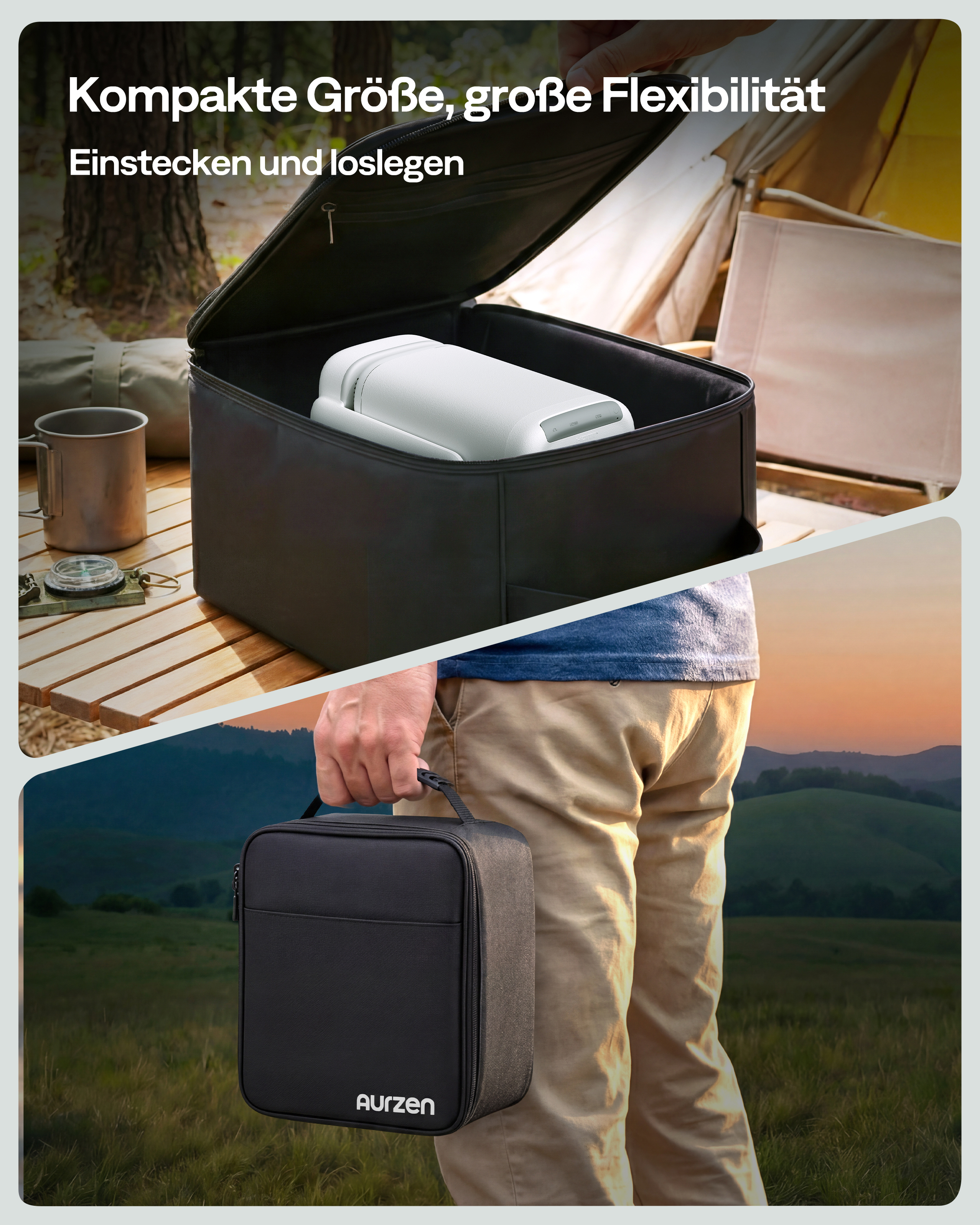 Eine schwarze Tragetasche mit einer weißen Powerstation und ein Mann, der die geschlossene Tasche im Freien trägt.