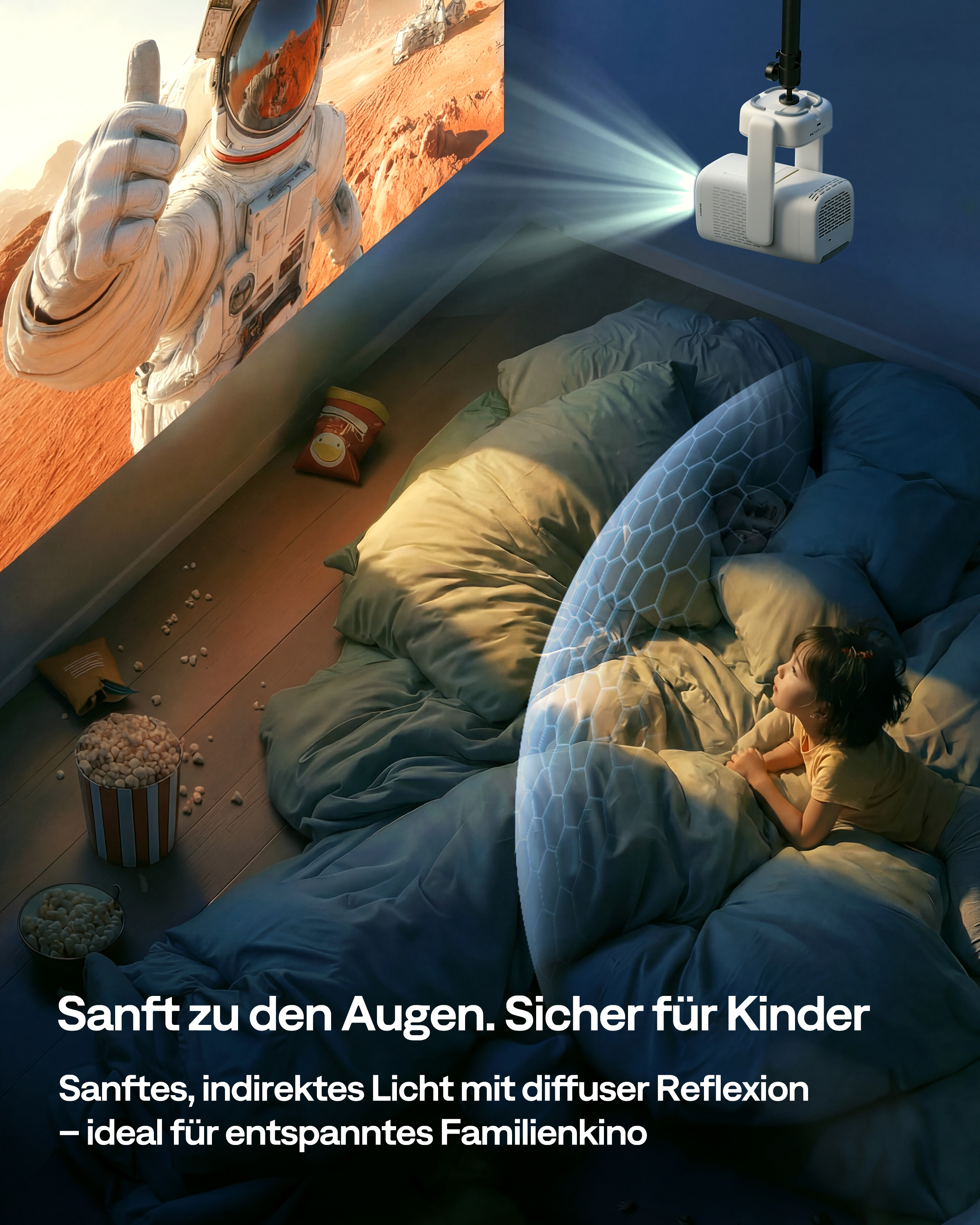 Ein Kind schaut auf einen Deckenprojektor, der einen Astronauten an der Wand zeigt, mit Kissen und Popcorn.