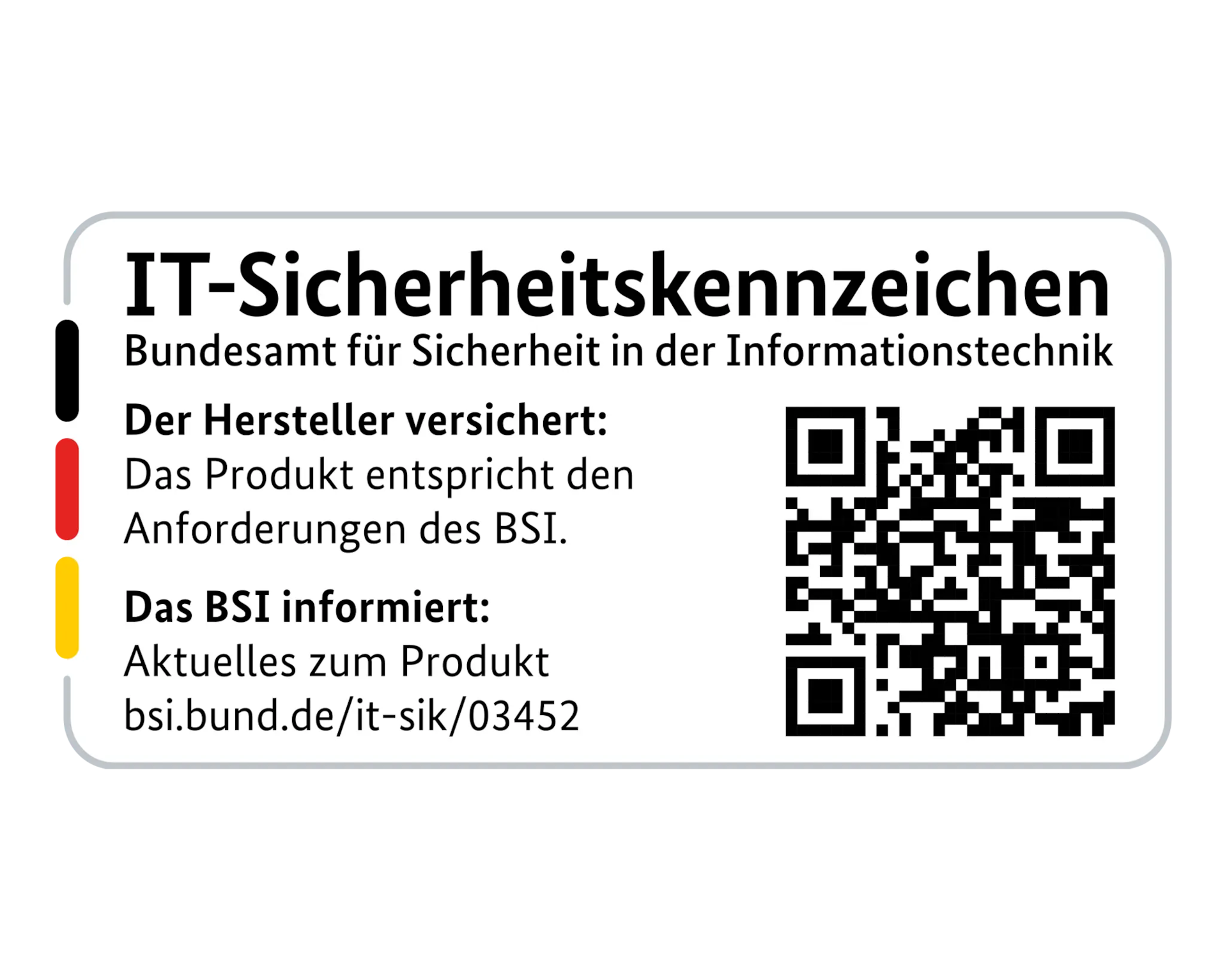 Etichetta di sicurezza IT BSI con testo in tedesco e codice QR su sfondo bianco.