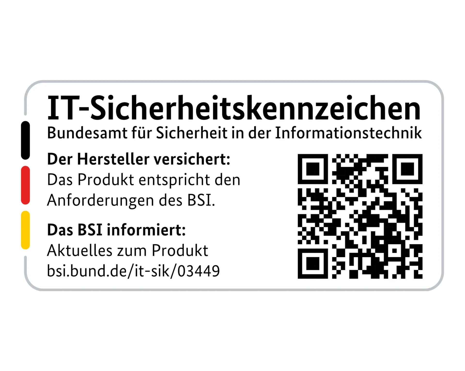 BSI IT-Sicherheitskennzeichen Etikett mit QR-Code und deutschen Texten.