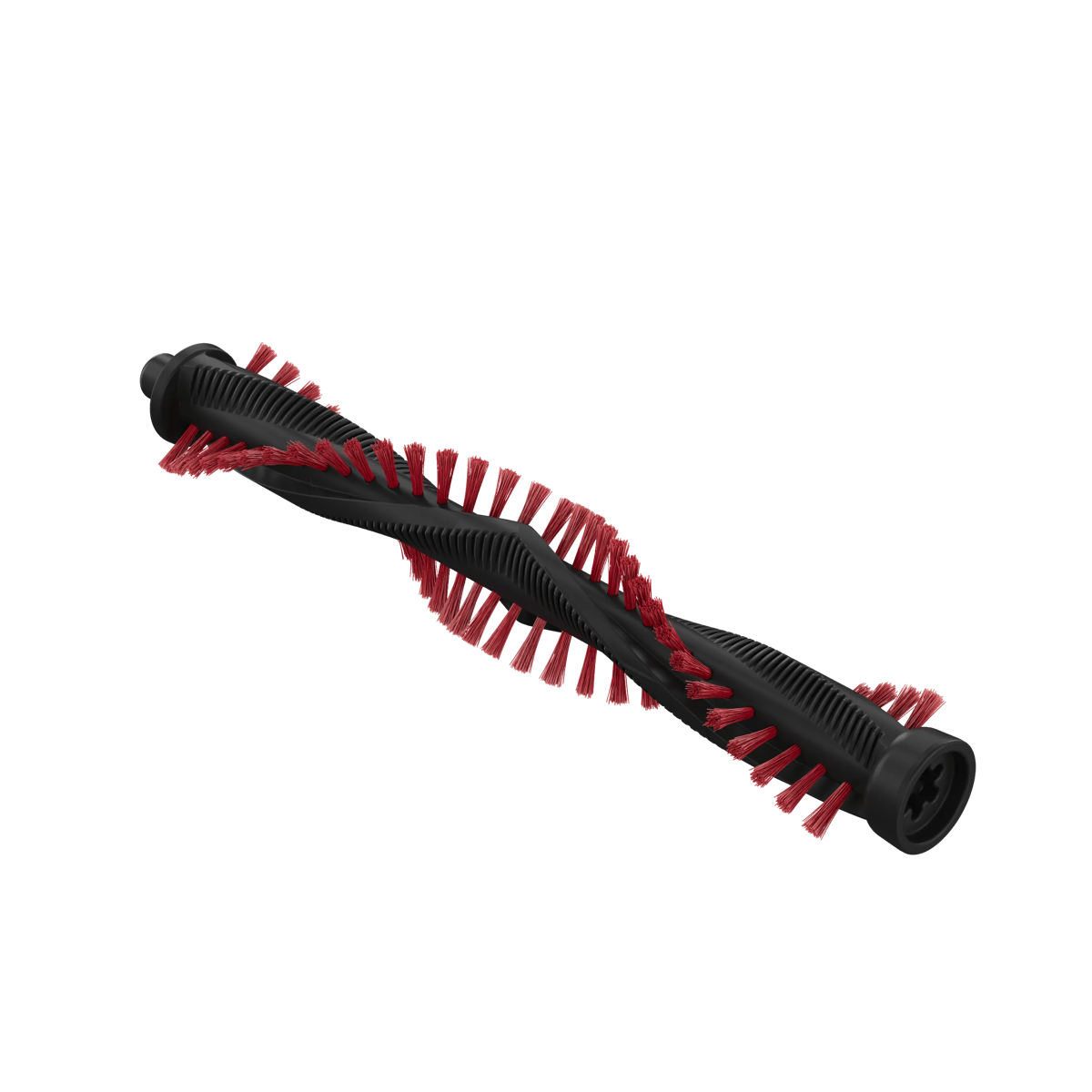 Un rodillo de cepillo de aspiradora negro con cerdas rojas en espiral sobre fondo blanco.