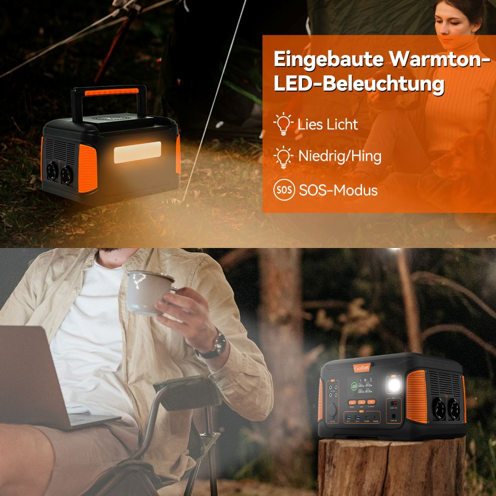 Estación de energía portátil en la naturaleza con iluminación LED integrada y varios puertos para actividades al aire libre.