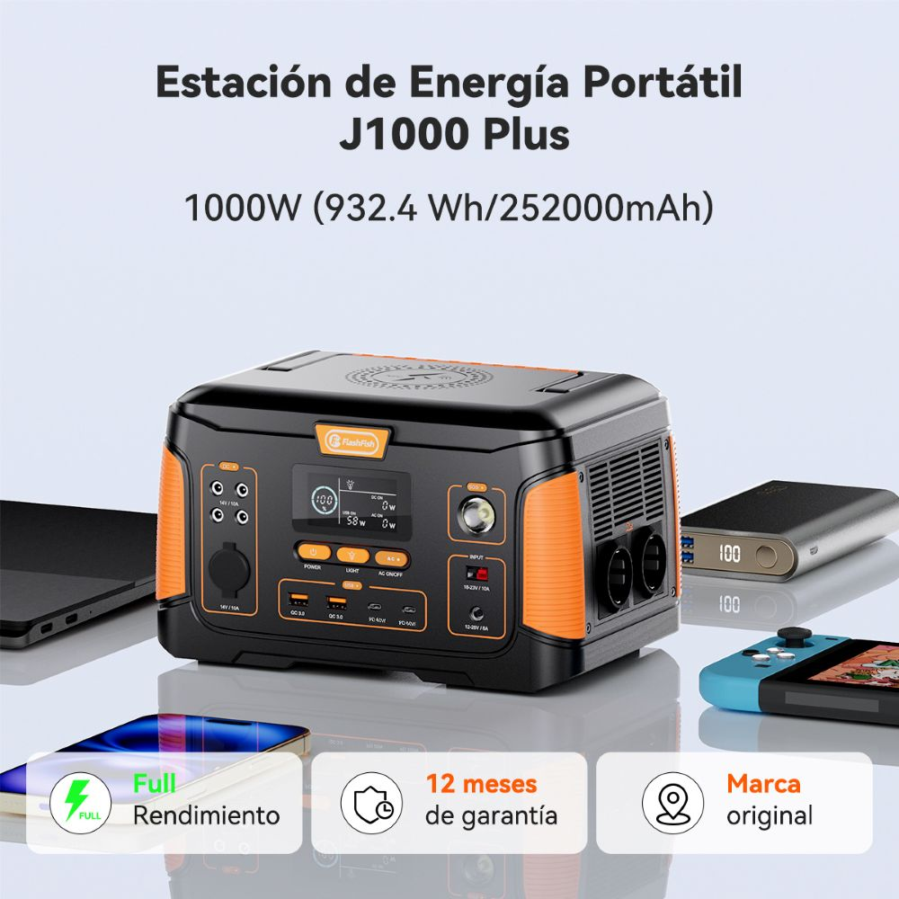 Estación de energía portátil J1000 Plus de 1000W con varios puertos sobre fondo claro.