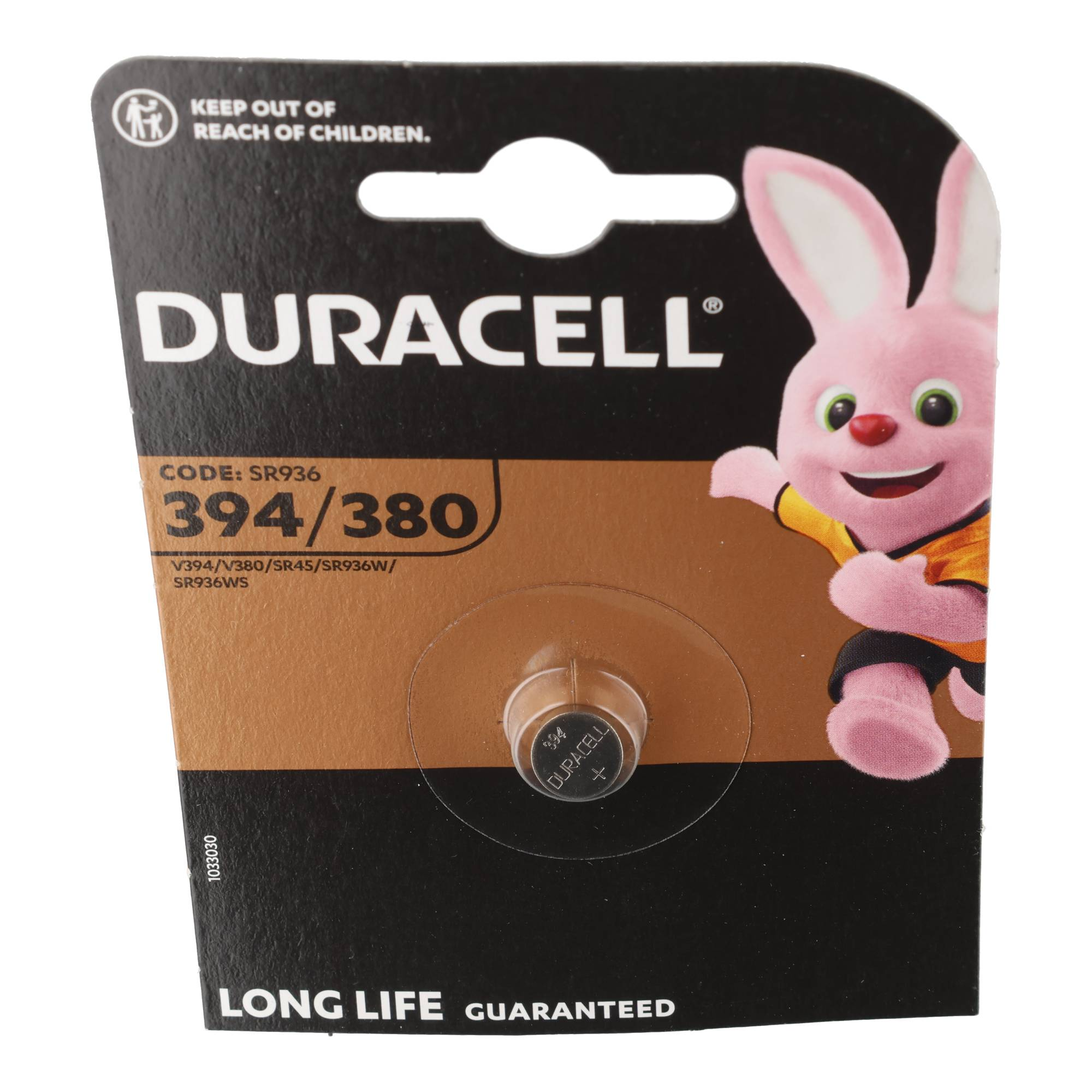 Batteria a bottone Duracell 394/380 in confezione con il coniglietto Duracell a destra.