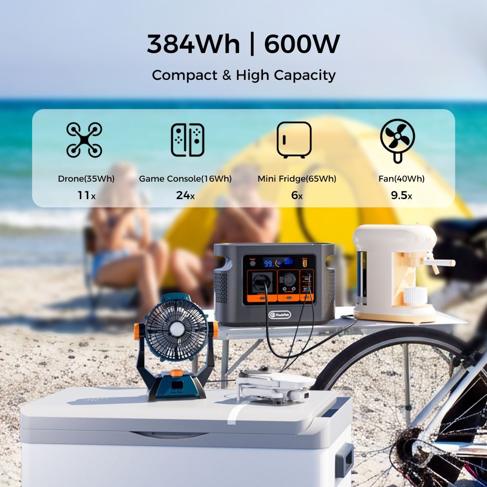 Estación de energía portátil en una playa alimentando un ventilador y dron.