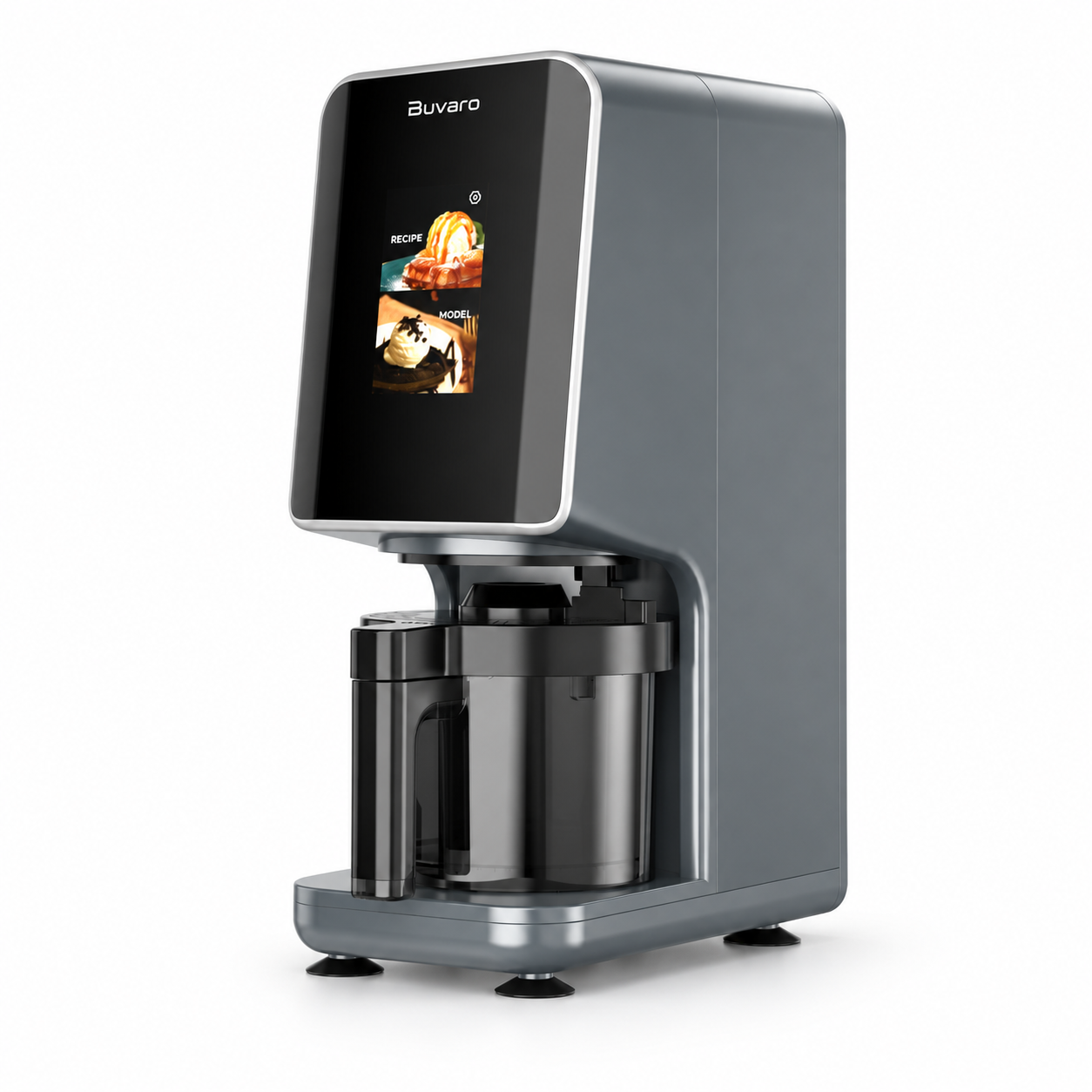 Moderna cafetera gris Buvaro con pantalla táctil y recipiente negro sobre fondo blanco.
