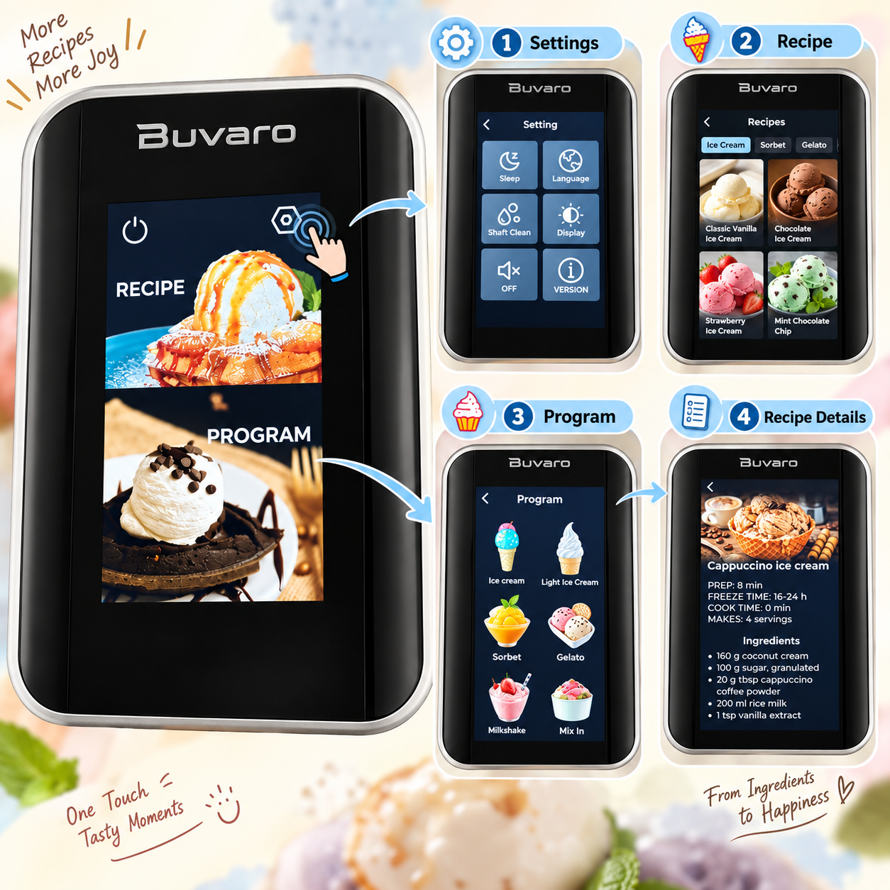 Heladera Buvaro con pantalla táctil que muestra ajustes, recetas y programas para varios postres helados.