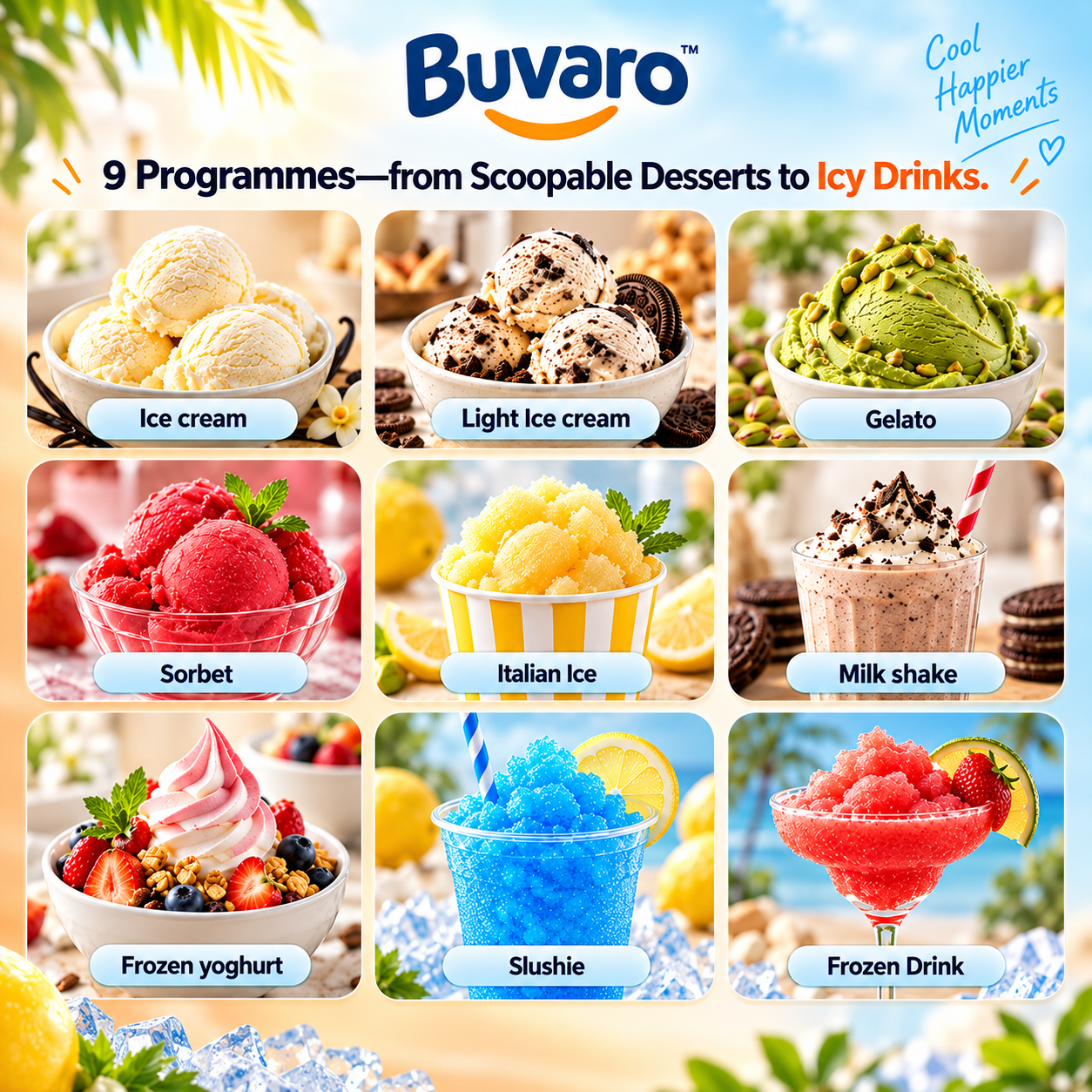Anuncio de Buvaro que muestra nueve opciones diferentes de helados y bebidas sobre un fondo azul.