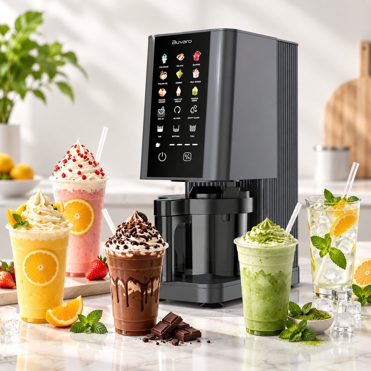 Moderna máquina de helados negra con pantalla táctil y cinco vasos de postre variados en una encimera de mármol.