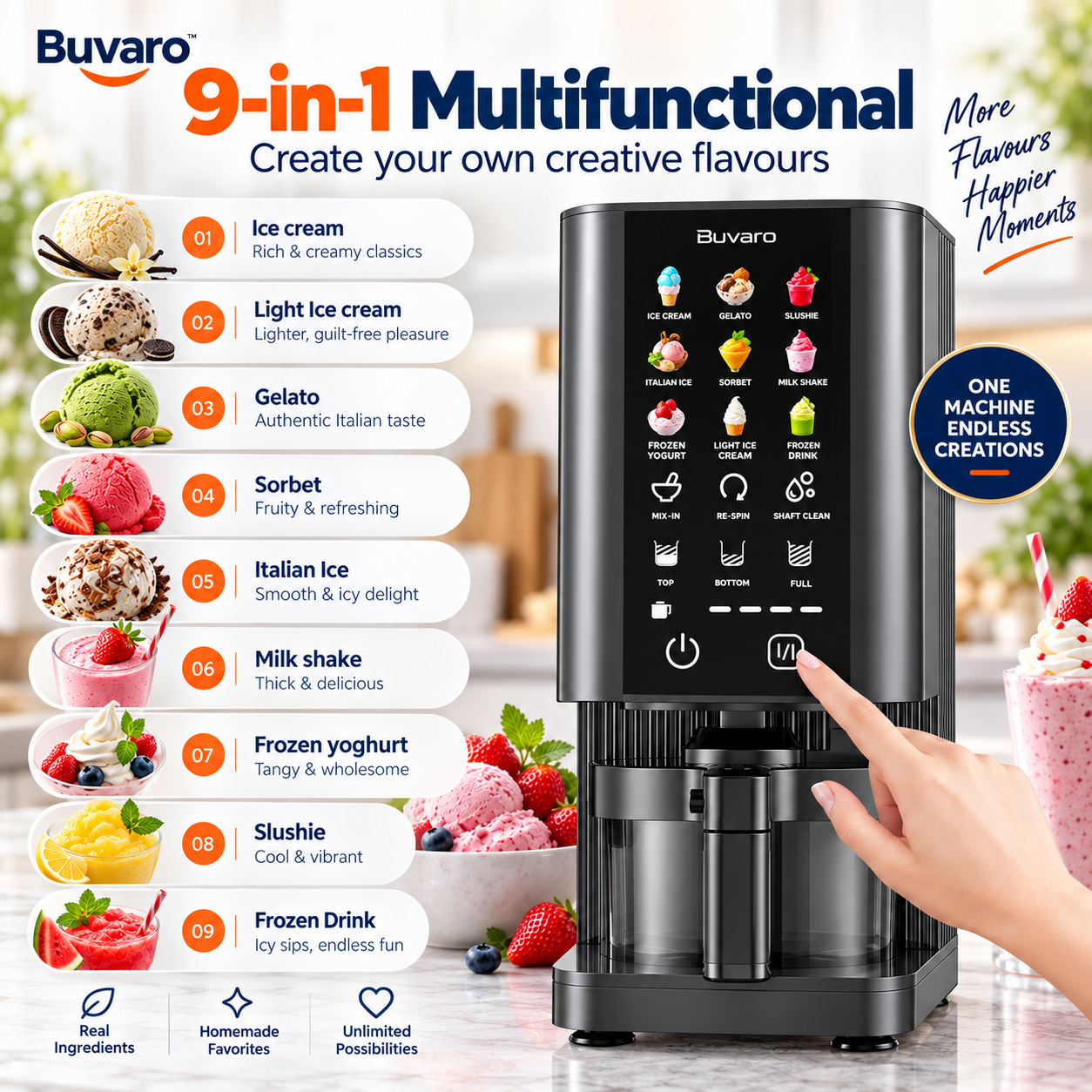 Una máquina de helados multifuncional Buvaro negra de 9 en 1 con pantalla táctil, rodeada de varias opciones de postres.