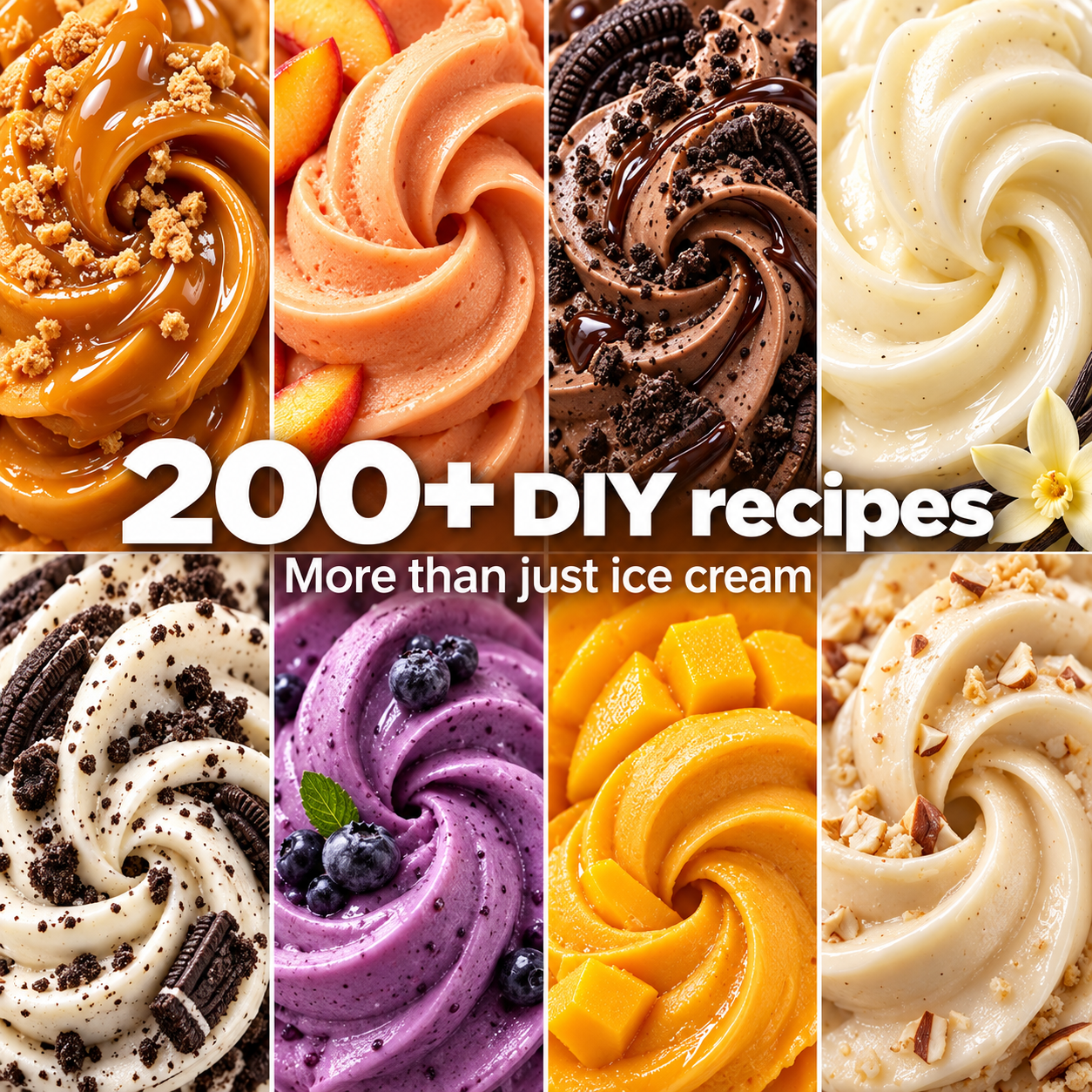 Un collage de varios sabores de helado con texto que dice 200+ DIY recipes y More than just ice cream.