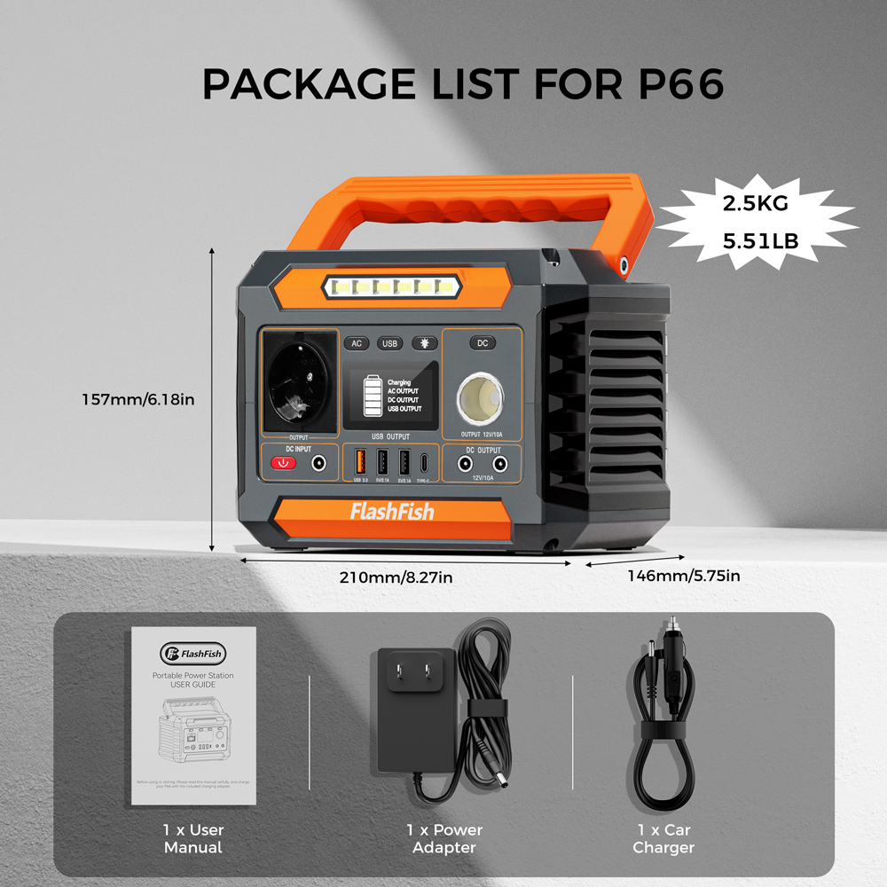 Lista de contenido de la estación de energía P66 con dimensiones, peso, manual, adaptador y cargador de coche.
